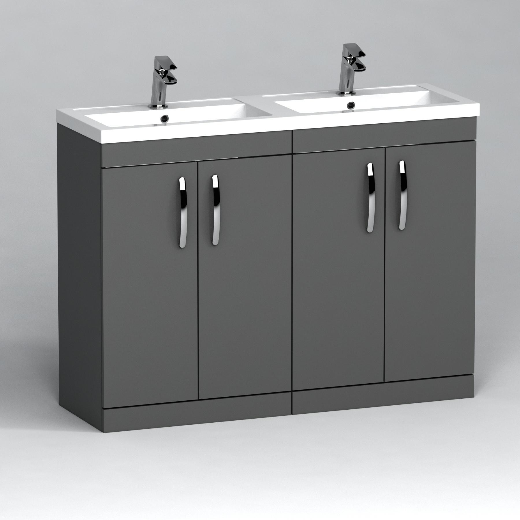 Turin 1200mm Indigo Grey Gloss Floor Standing 4-Door Vanity Unit Cabinet With Double Basin
