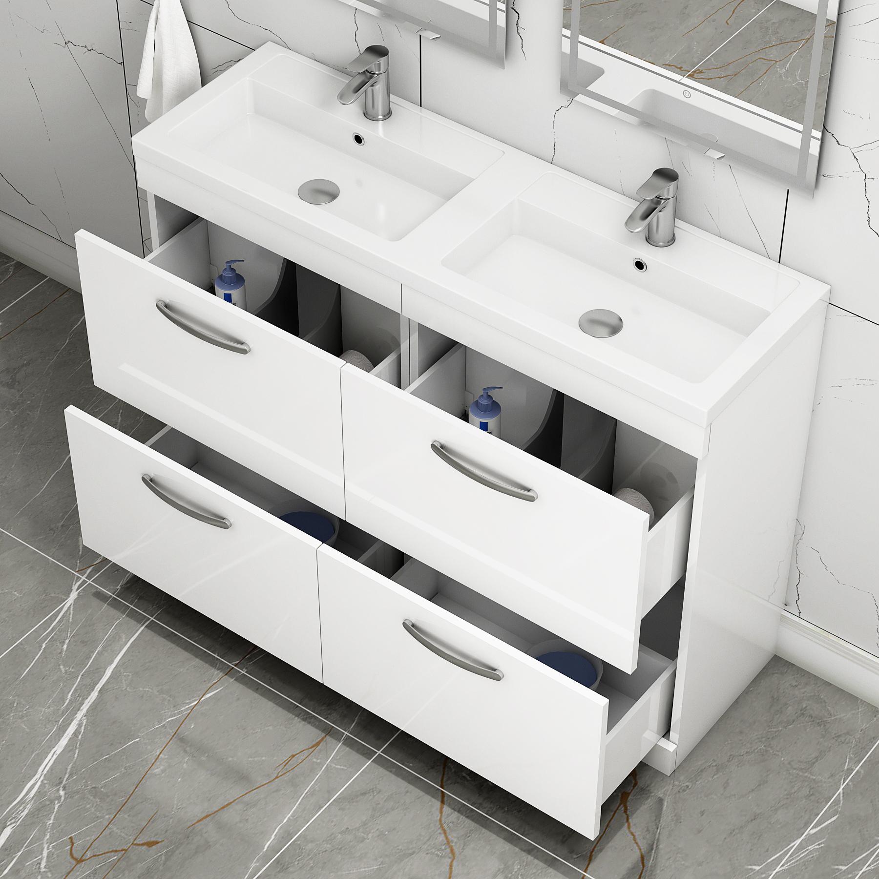 Turin 1200mm Gloss White Floor Standing 4-Drawer Vanity Unit Cabinet With Double Basin