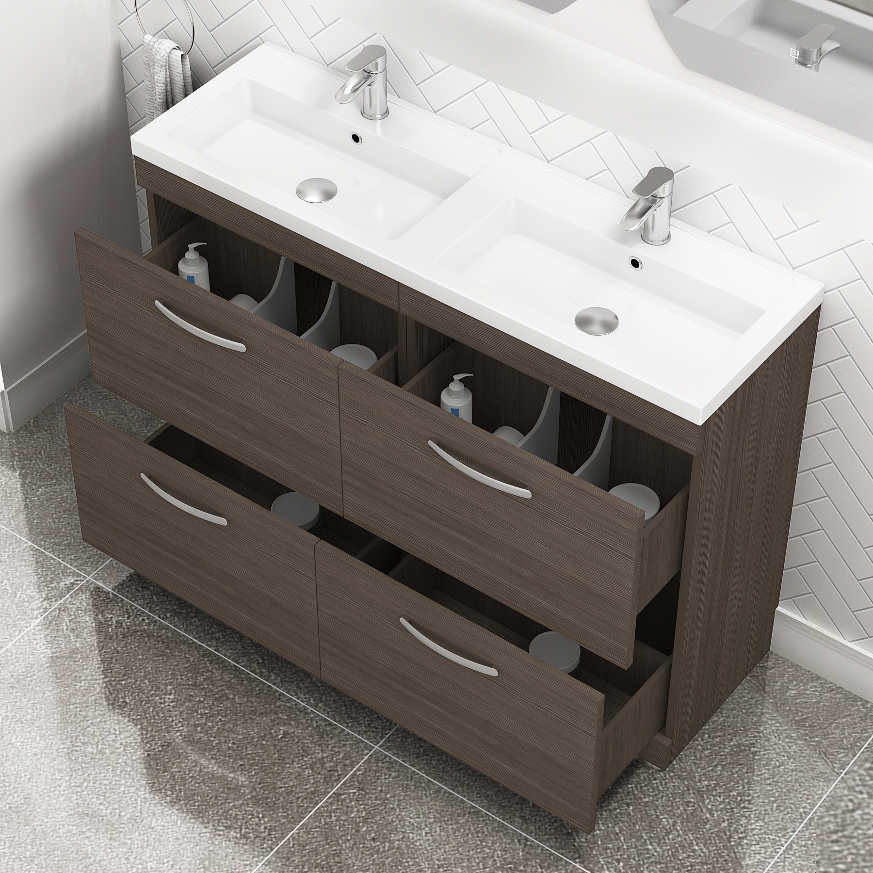 Turin 1200mm Grey Elm Floor Standing 4-Drawer Vanity Unit Cabinet With Double Basin