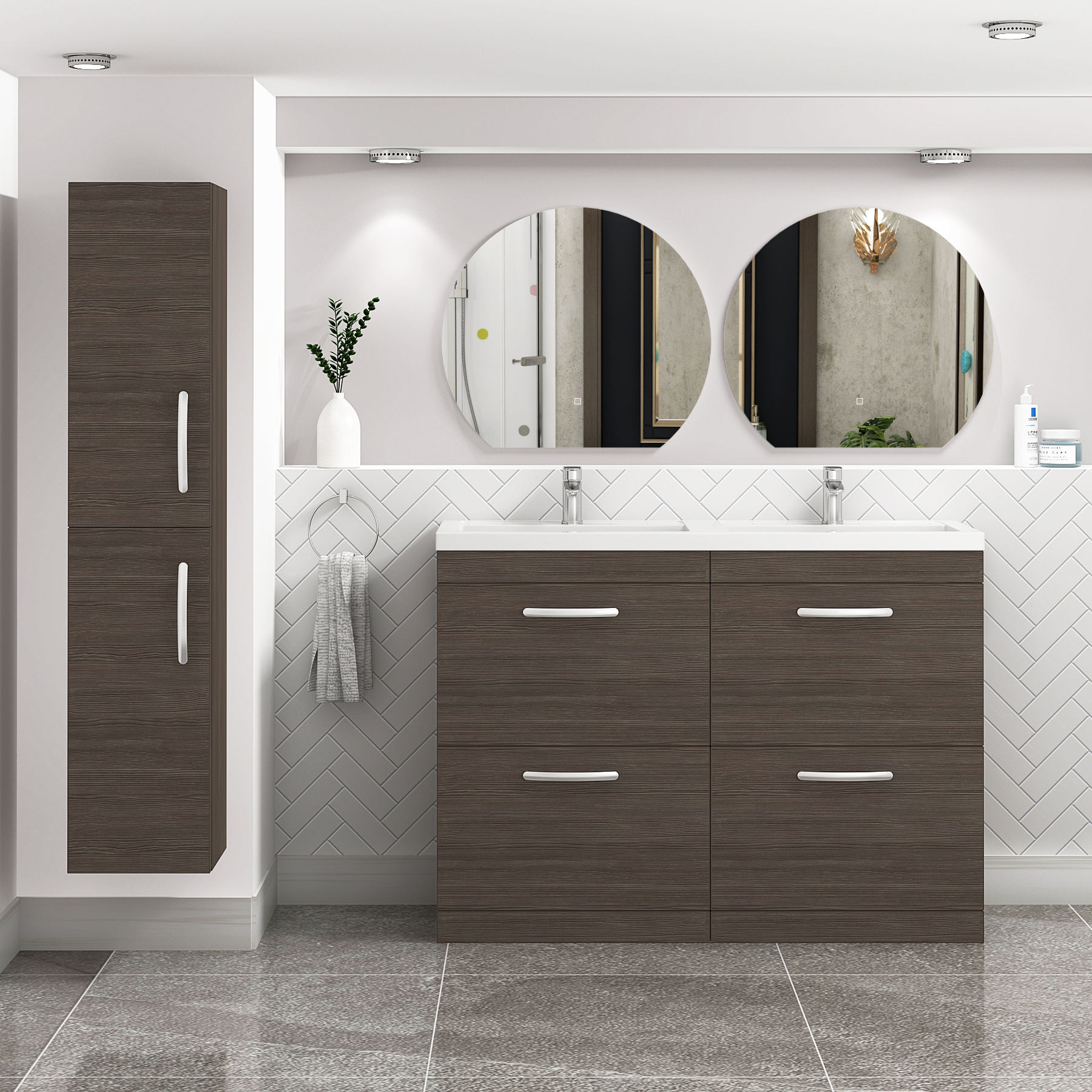 Turin 1200mm Grey Elm Floor Standing 4-Drawer Vanity Unit Cabinet With Double Basin