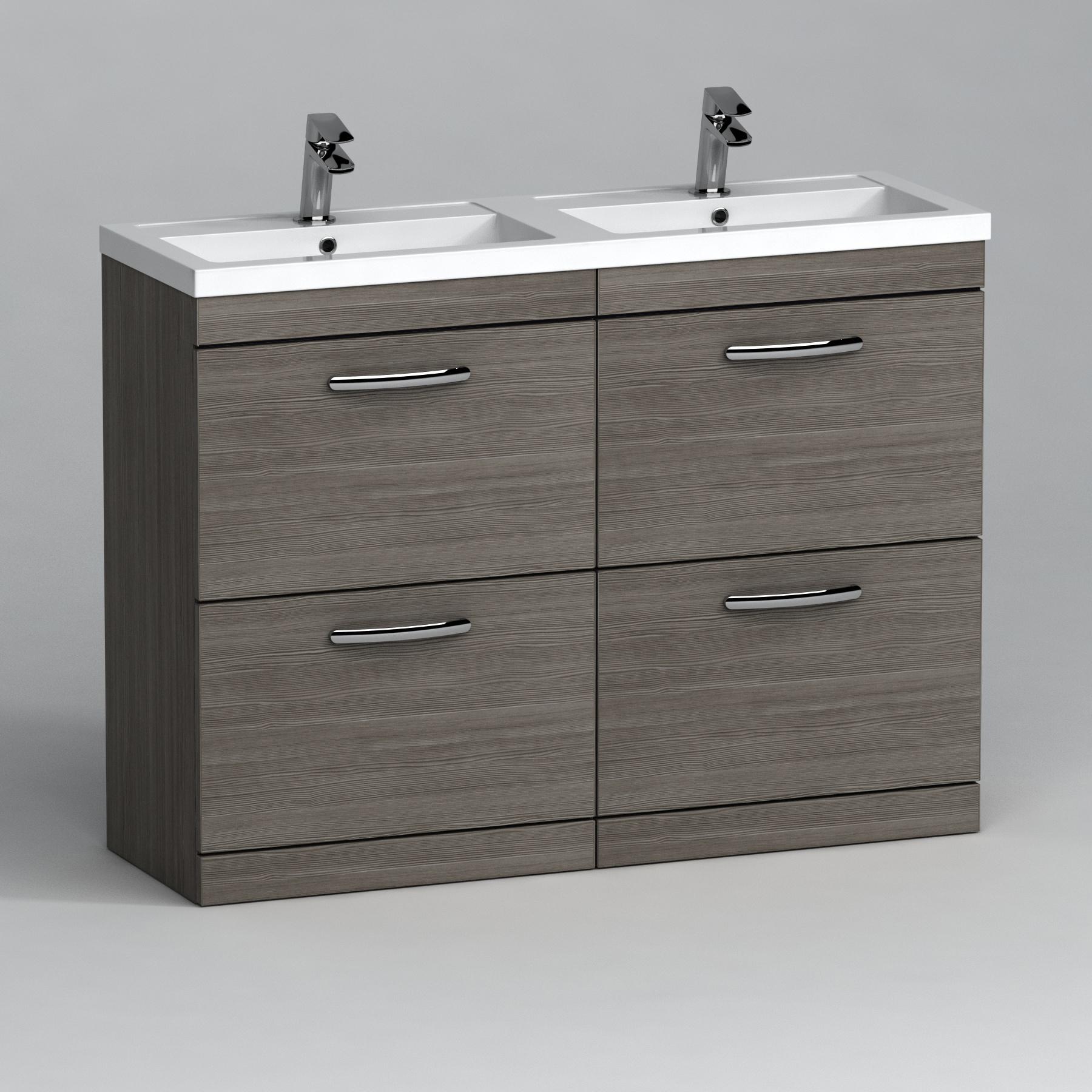 Turin 1200mm Grey Elm Floor Standing 4-Drawer Vanity Unit Cabinet With Double Basin