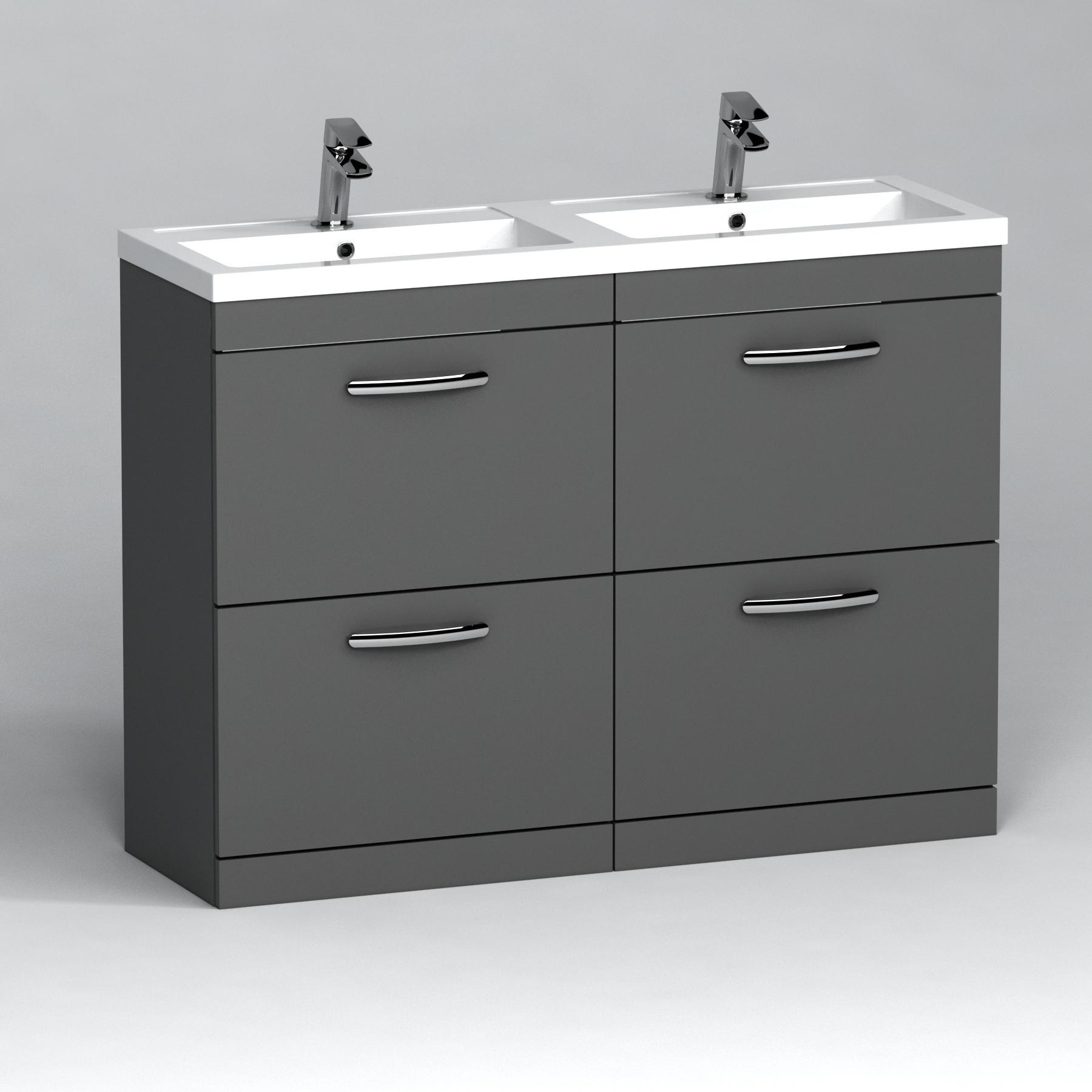 Turin 1200mm Indigo Grey Gloss Floor Standing 4-Drawer Vanity Unit Cabinet With Double Basin