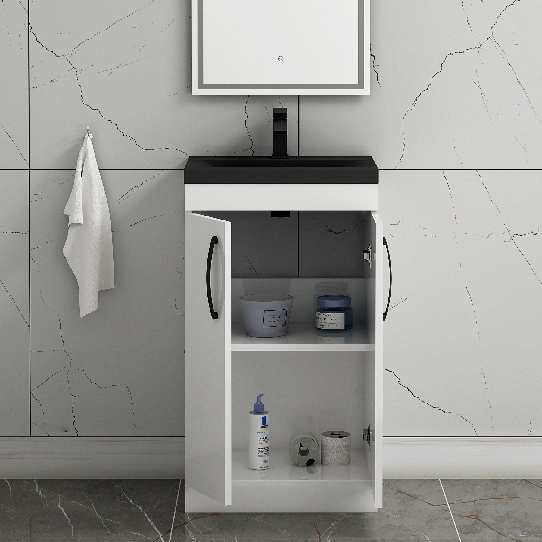 Turin Floor Standing 2 Door Vanity Unit with Black Basin - Multiple Sizes & Colours