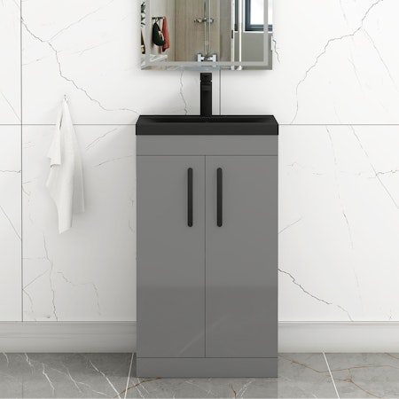Turin 500mm Floor Standing Vanity Unit 2 Door Indigo Grey Gloss with Black Basin & Handles