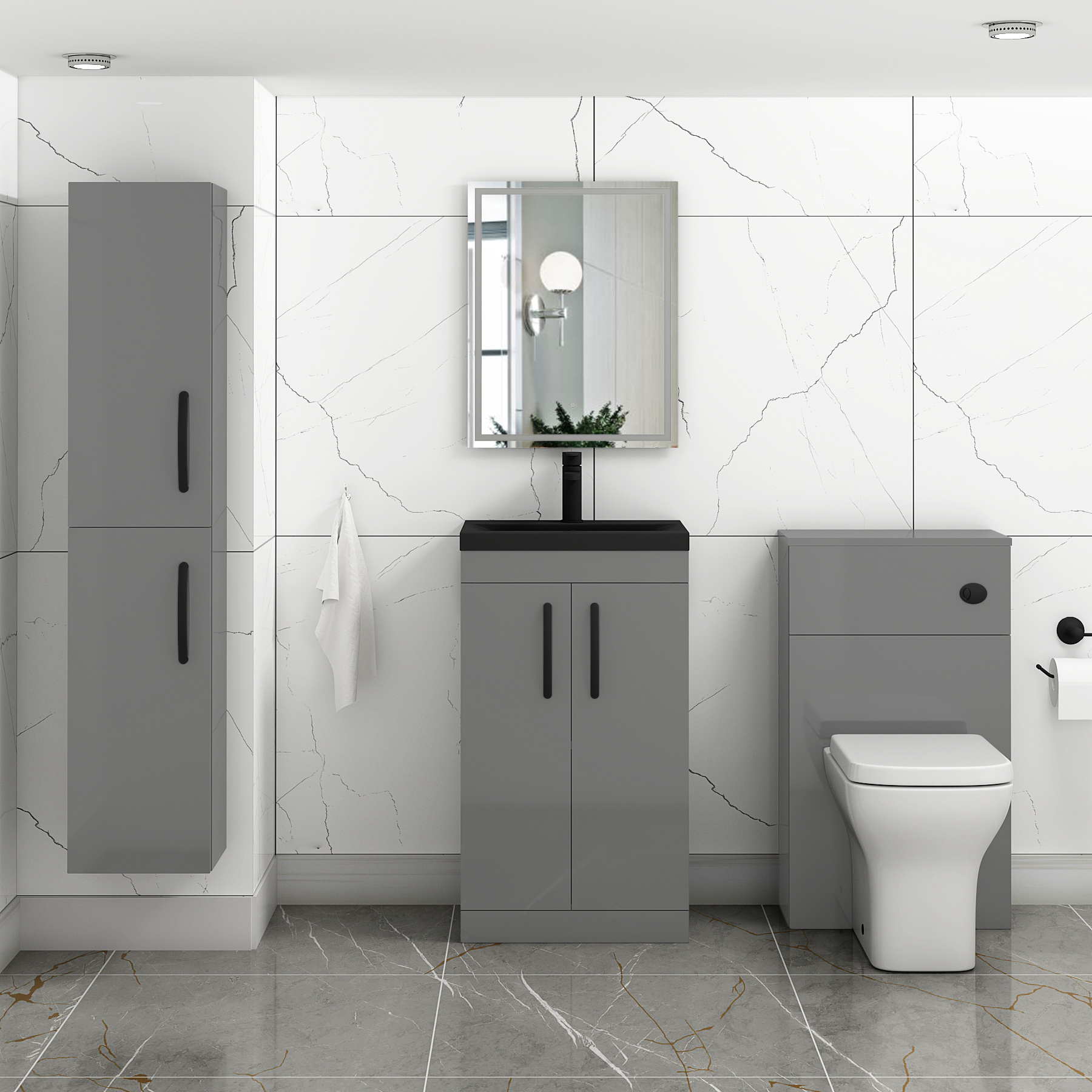  Turin Indigo Grey Gloss 2 Door Floor Standing Vanity Unit with Black Mid-Edge Basin - Multiple Sizes