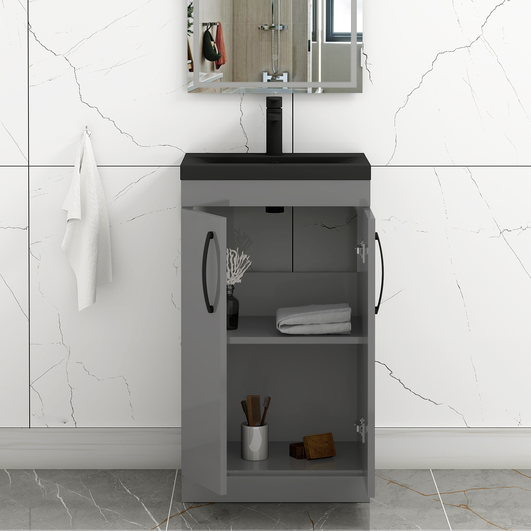 Turin Floor Standing 2 Door Vanity Unit with Black Basin - Multiple Sizes & Colours