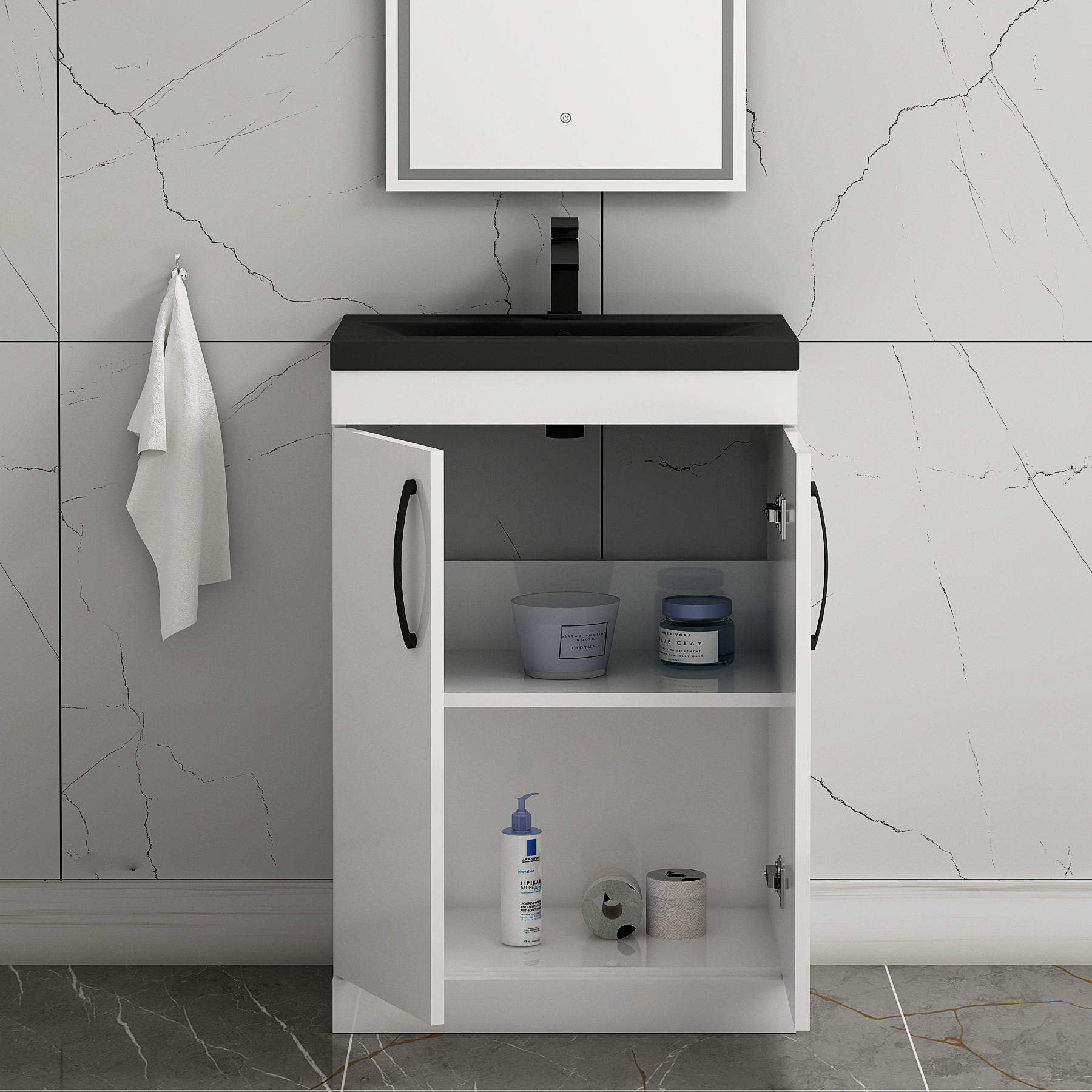 Turin Floor Standing 2 Door Vanity Unit with Black Basin - Multiple Sizes & Colours