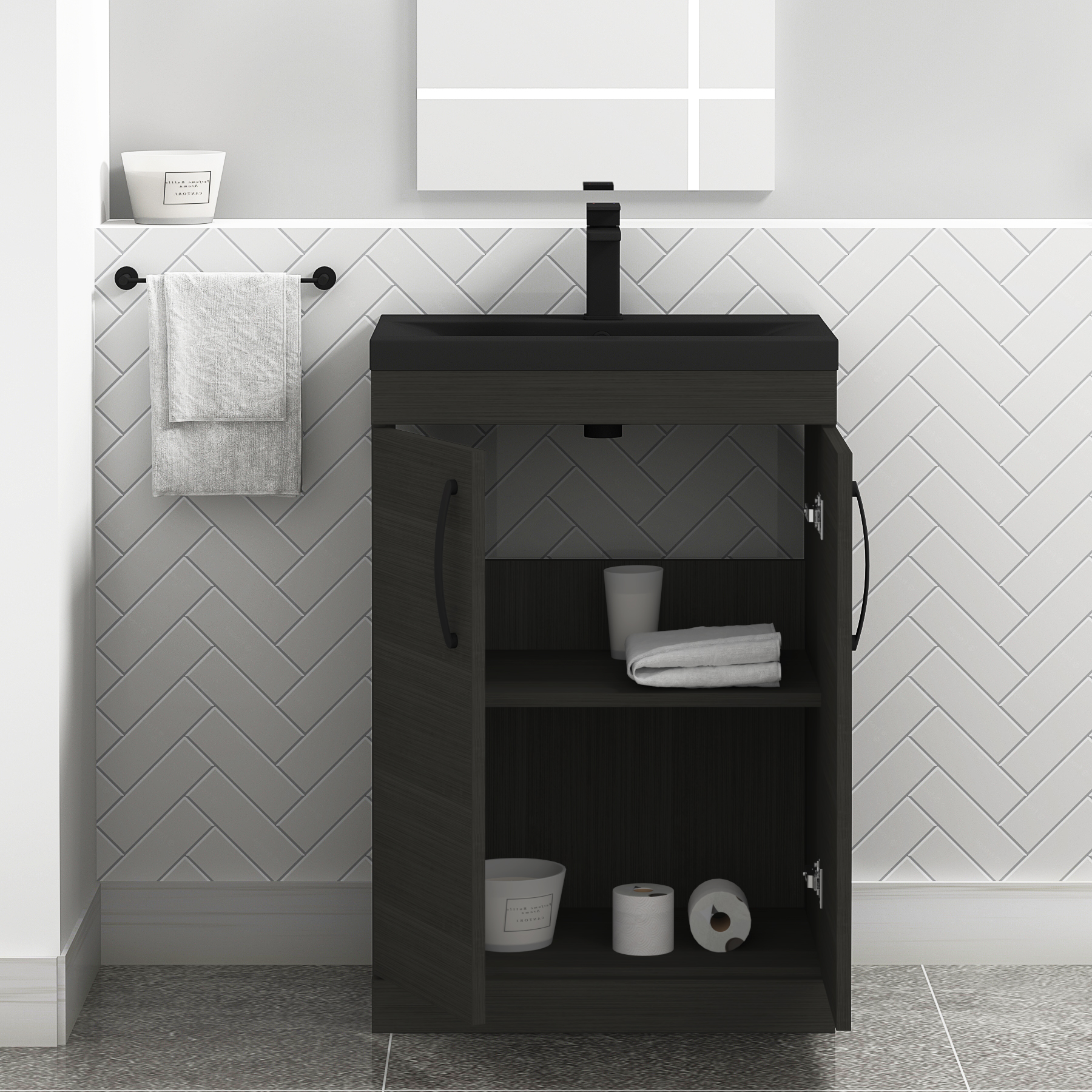 Turin Floor Standing 2 Door Vanity Unit with Black Basin - Multiple Sizes & Colours