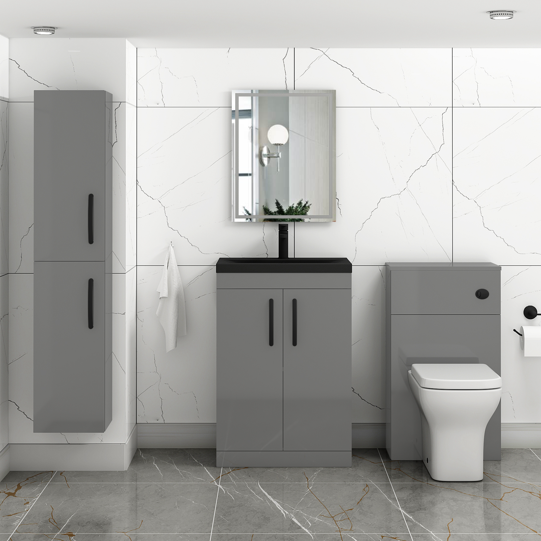  Turin Indigo Grey Gloss 2 Door Floor Standing Vanity Unit with Black Mid-Edge Basin - Multiple Sizes