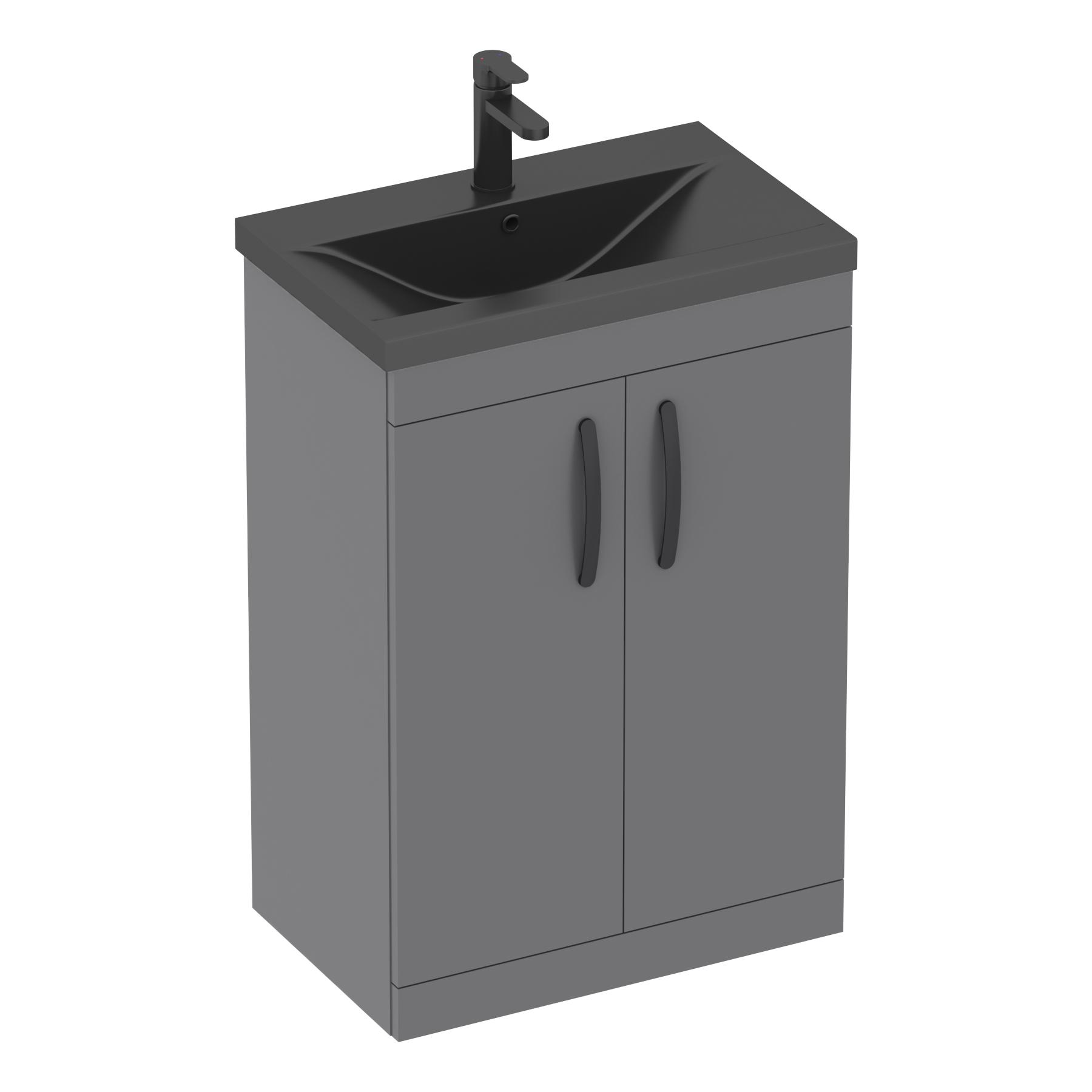  Turin Indigo Grey Gloss 2 Door Floor Standing Vanity Unit with Black Mid-Edge Basin - Multiple Sizes