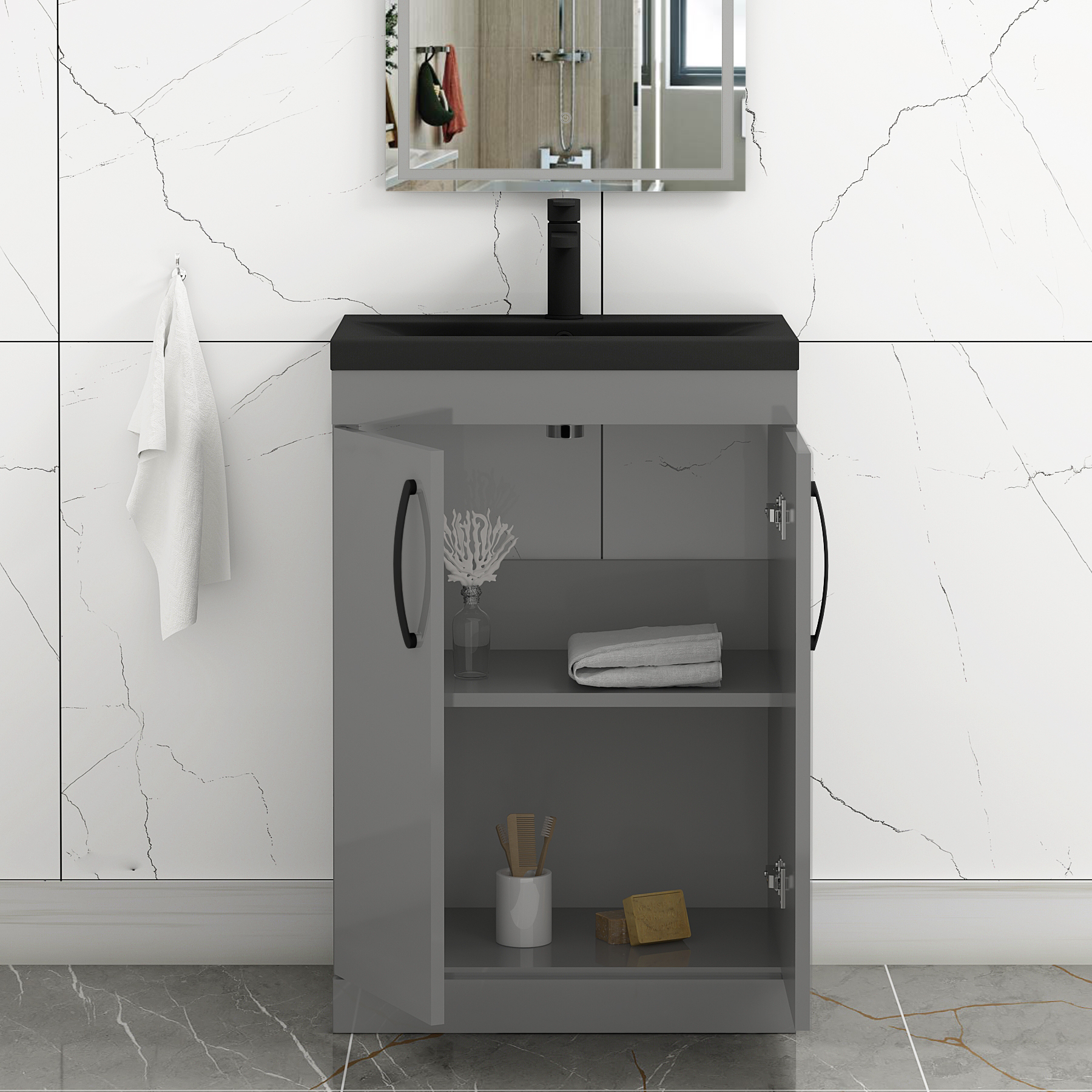 Turin Floor Standing 2 Door Vanity Unit with Black Basin - Multiple Sizes & Colours