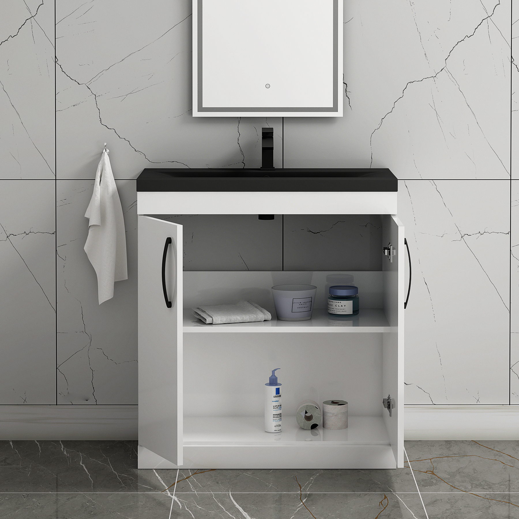 Turin Floor Standing 2 Door Vanity Unit with Black Basin - Multiple Sizes & Colours