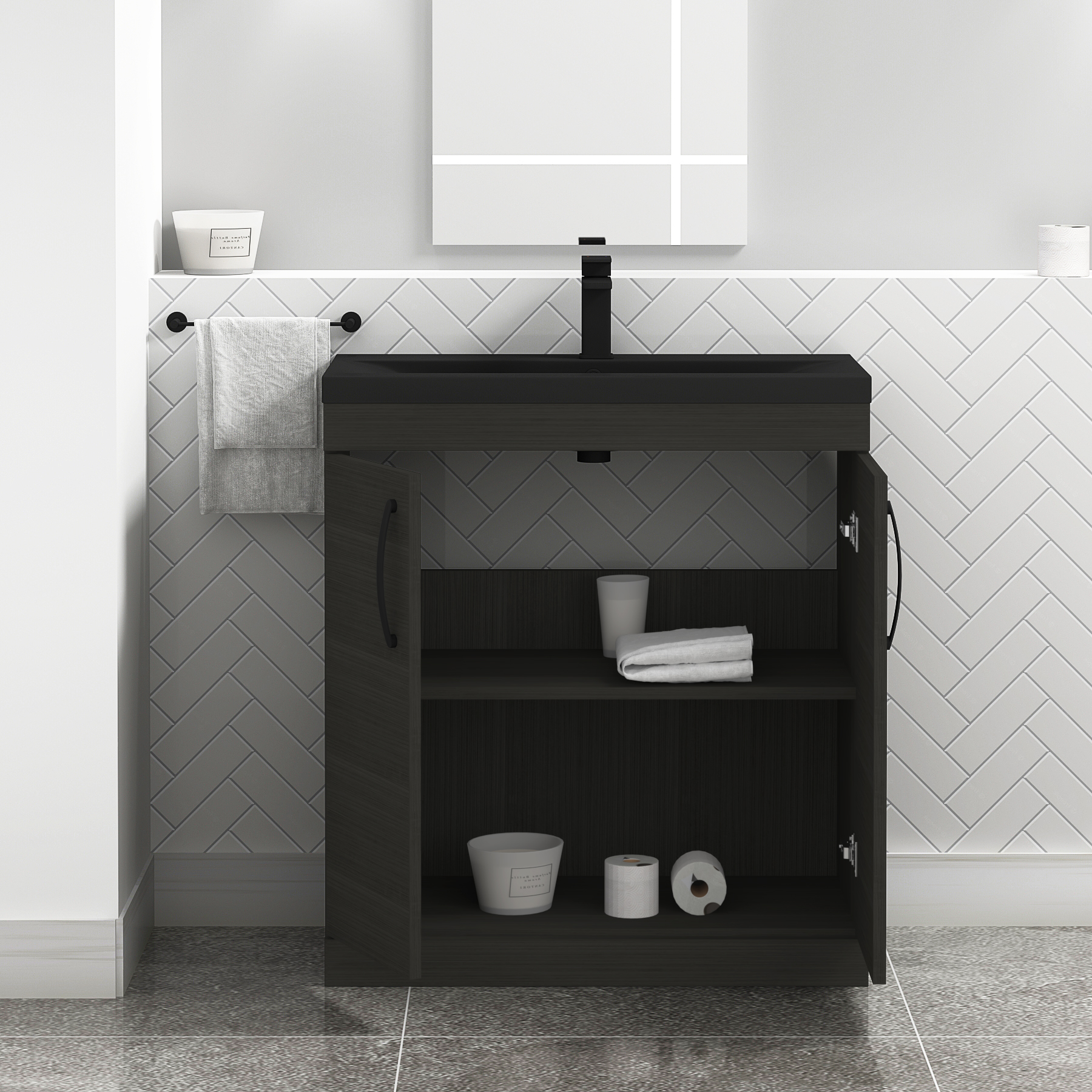 Turin Floor Standing 2 Door Vanity Unit with Black Basin - Multiple Sizes & Colours
