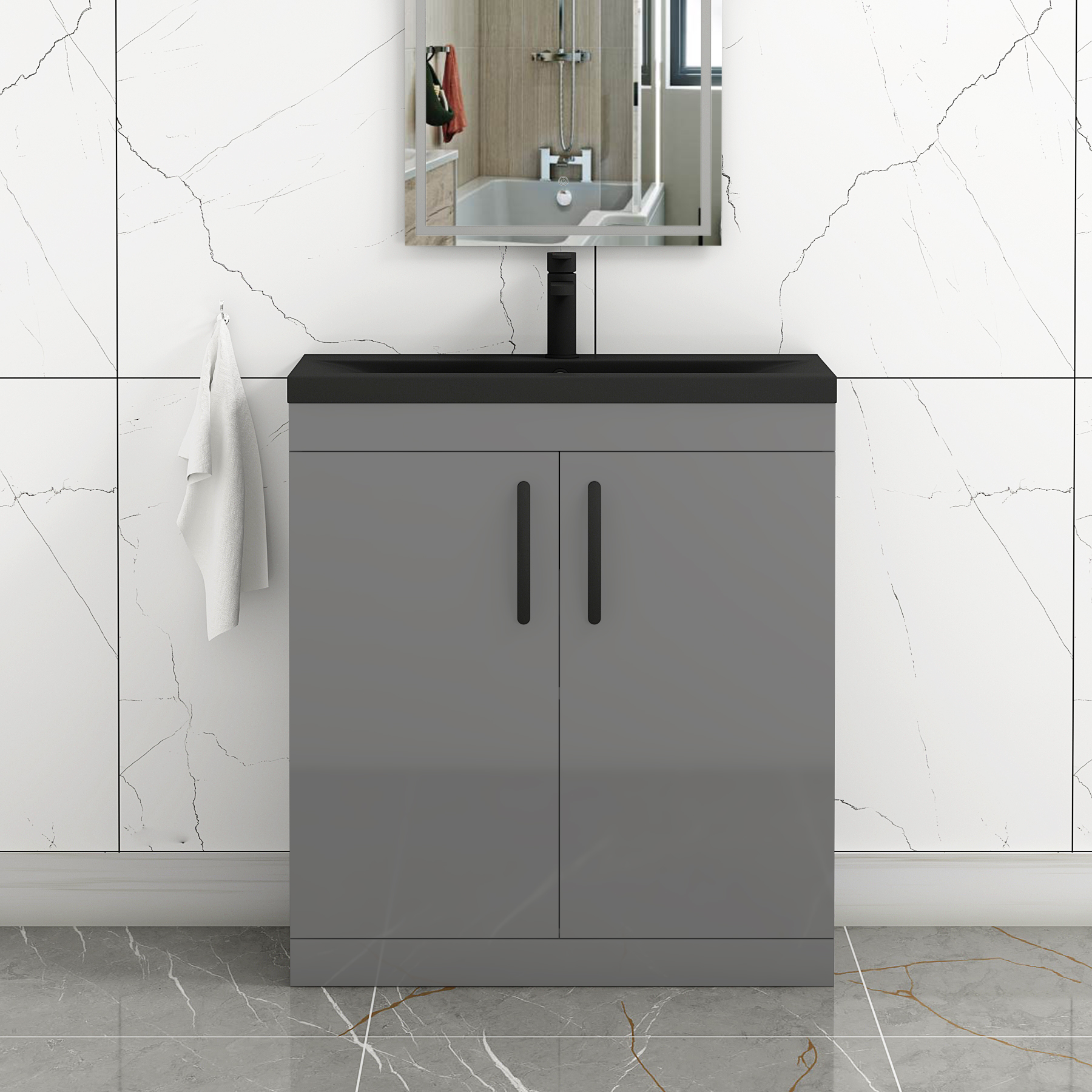  Turin Indigo Grey Gloss 2 Door Floor Standing Vanity Unit with Black Mid-Edge Basin - Multiple Sizes