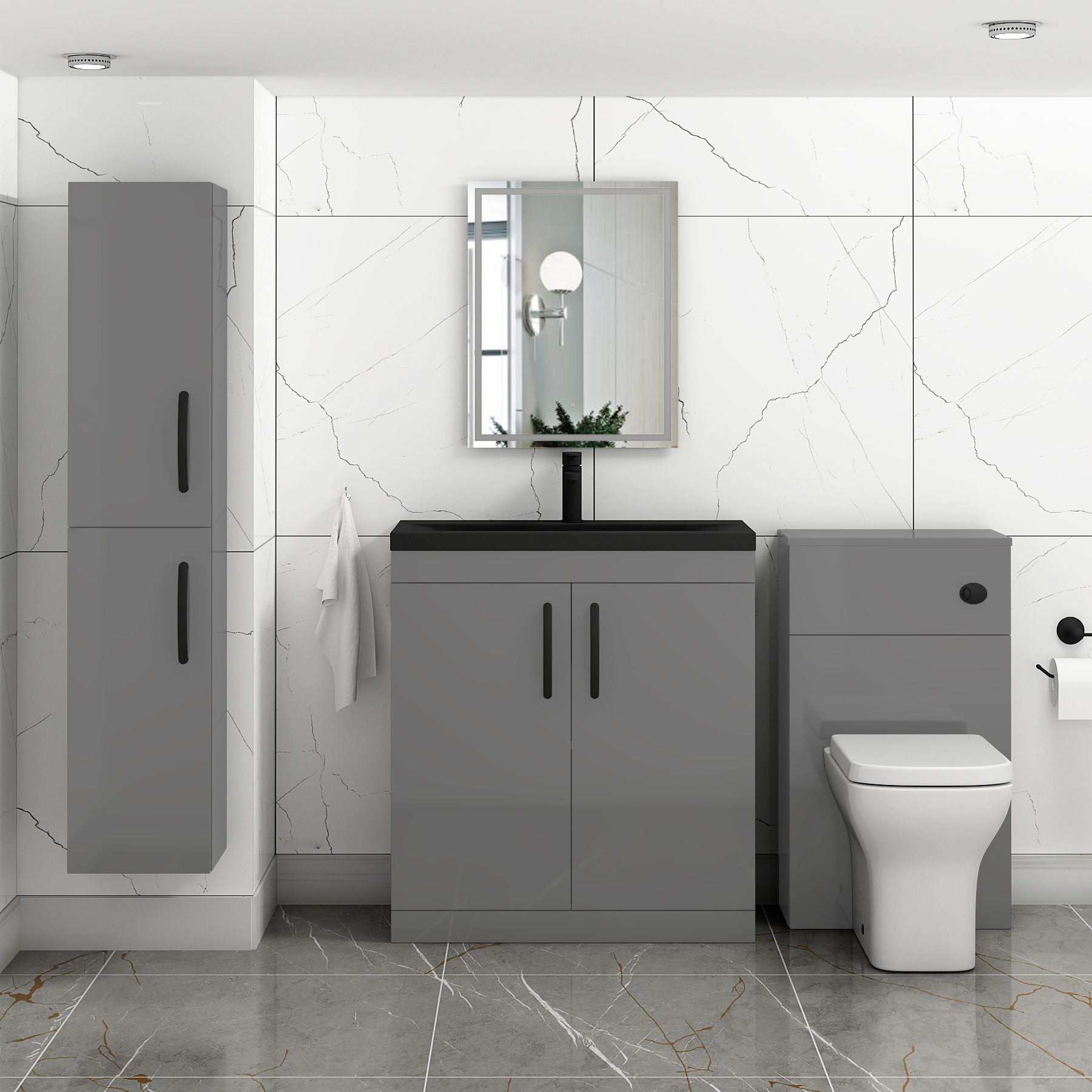  Turin Indigo Grey Gloss 2 Door Floor Standing Vanity Unit with Black Mid-Edge Basin - Multiple Sizes