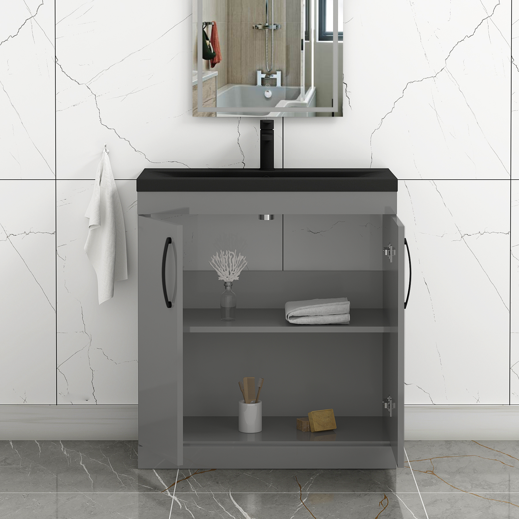 Turin Floor Standing 2 Door Vanity Unit with Black Basin - Multiple Sizes & Colours