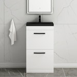  Turin Gloss White 2 Drawer Floor Standing Vanity Unit with Black Mid-Edge Basin - Multiple Sizes