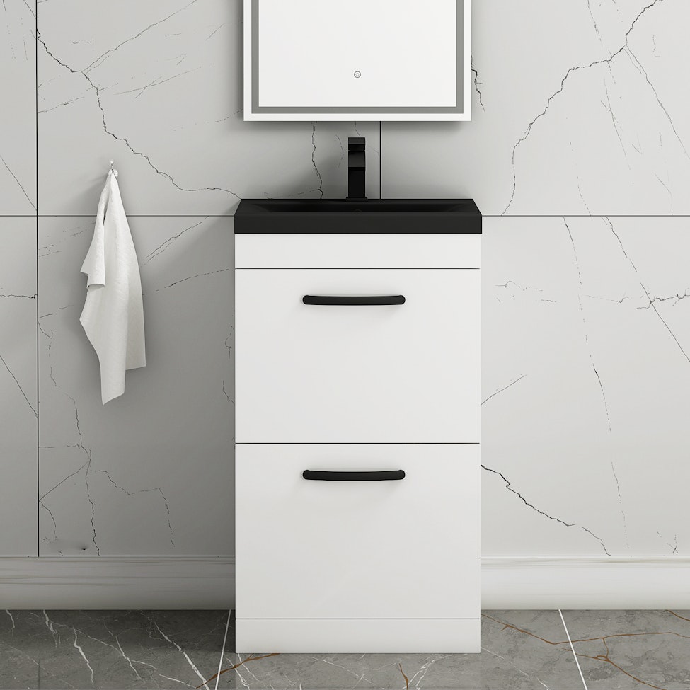  Turin Gloss White 2 Drawer Floor Standing Vanity Unit with Black Mid-Edge Basin - Multiple Sizes