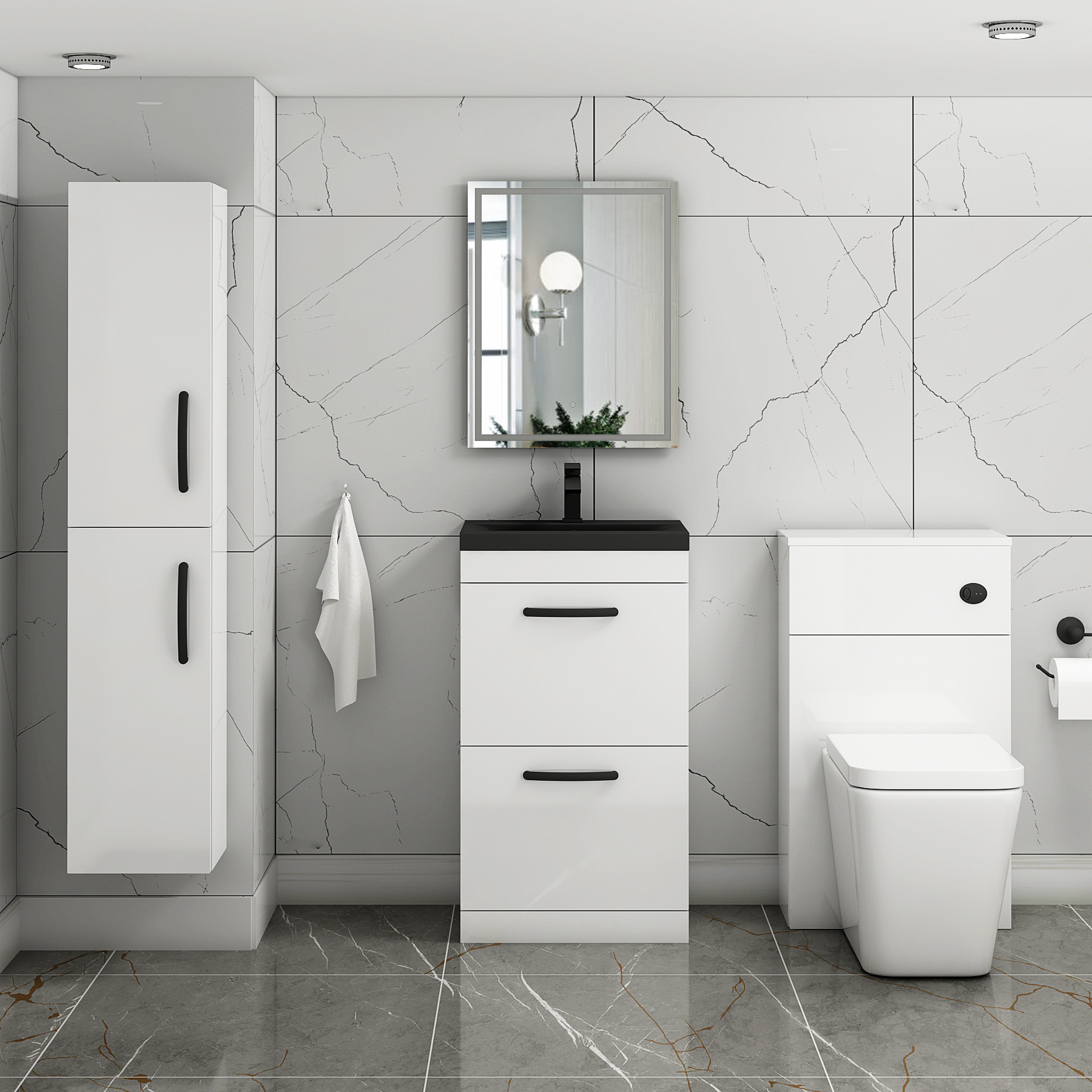 Turin Floor Standing 2 Drawer Vanity Unit with Black Basin - Multiple Sizes & Colours