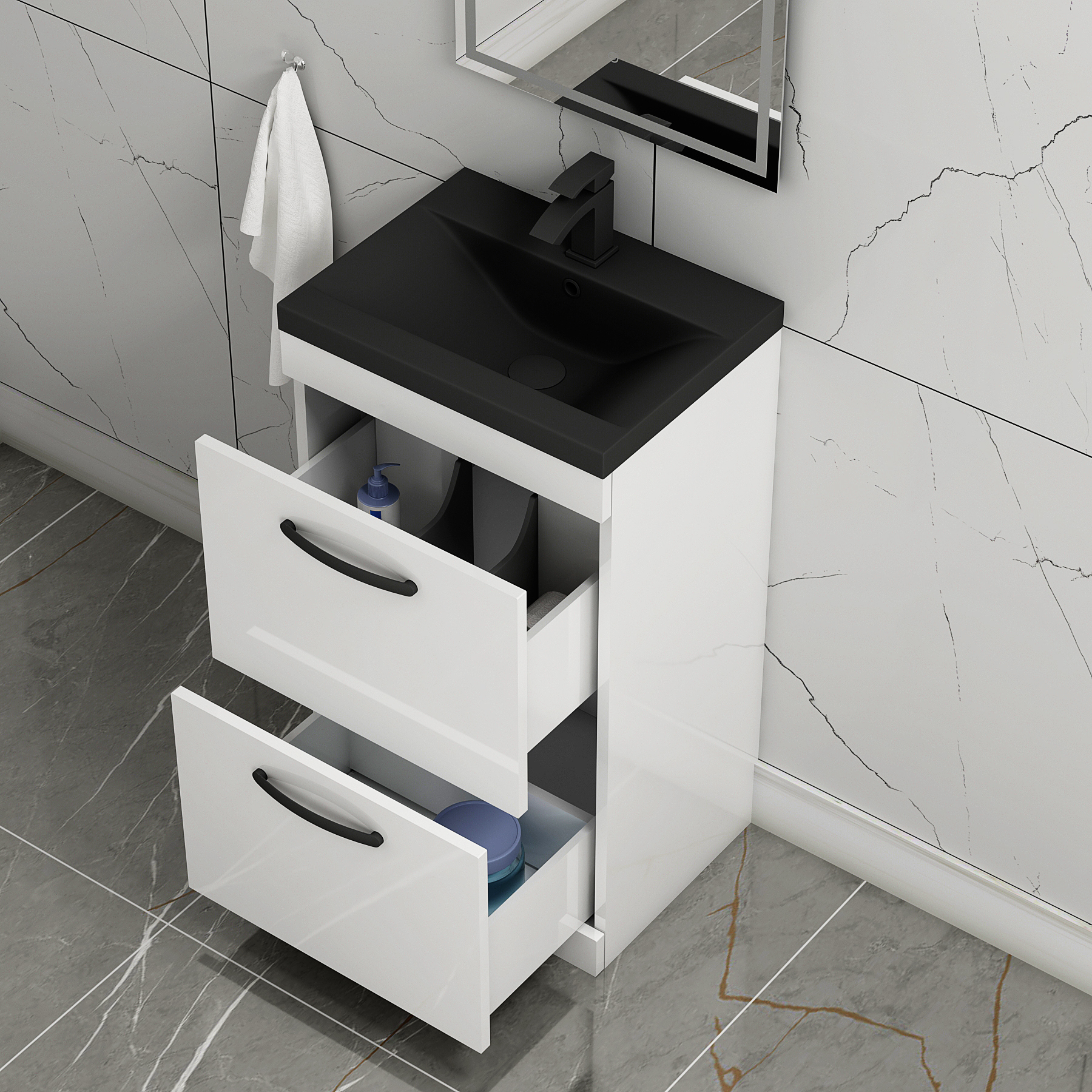 Turin Floor Standing 2 Drawer Vanity Unit with Black Basin - Multiple Sizes & Colours