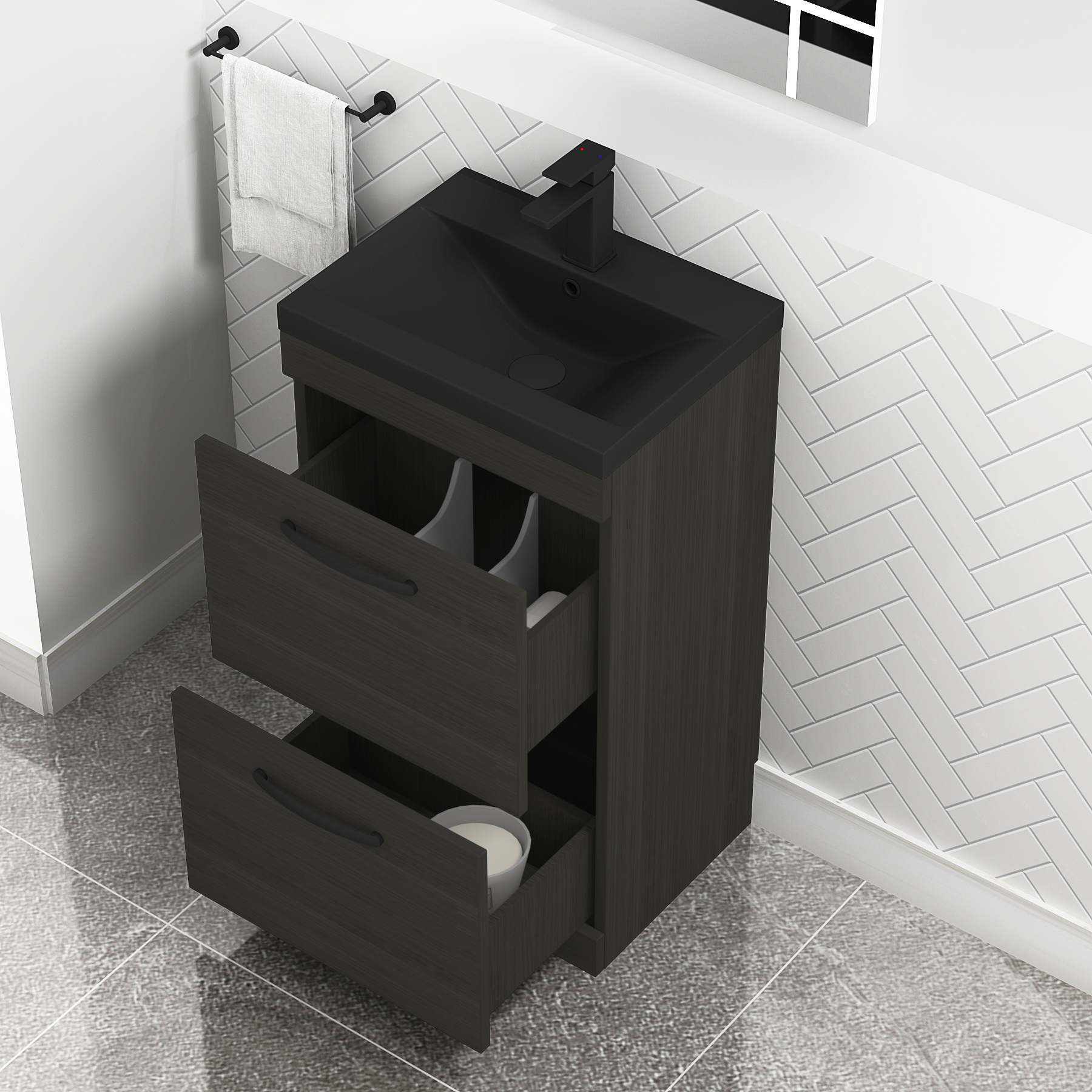 Turin Floor Standing 2 Drawer Vanity Unit with Black Basin - Multiple Sizes & Colours