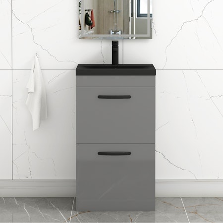 Turin 500mm Floor Standing Vanity Unit 2 Drawer Indigo Grey Gloss with Black Basin & Handles