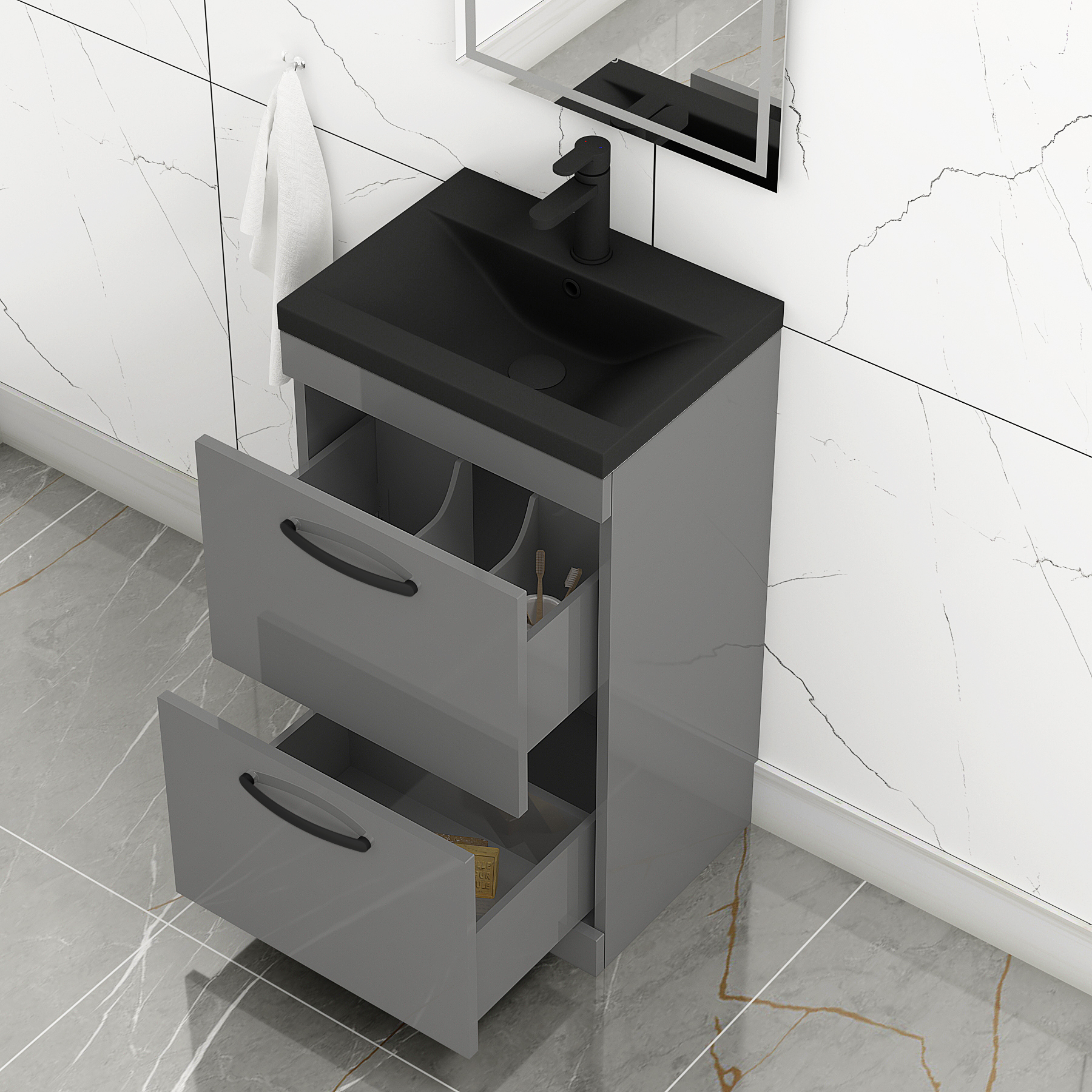 Turin Floor Standing 2 Drawer Vanity Unit with Black Basin - Multiple Sizes & Colours