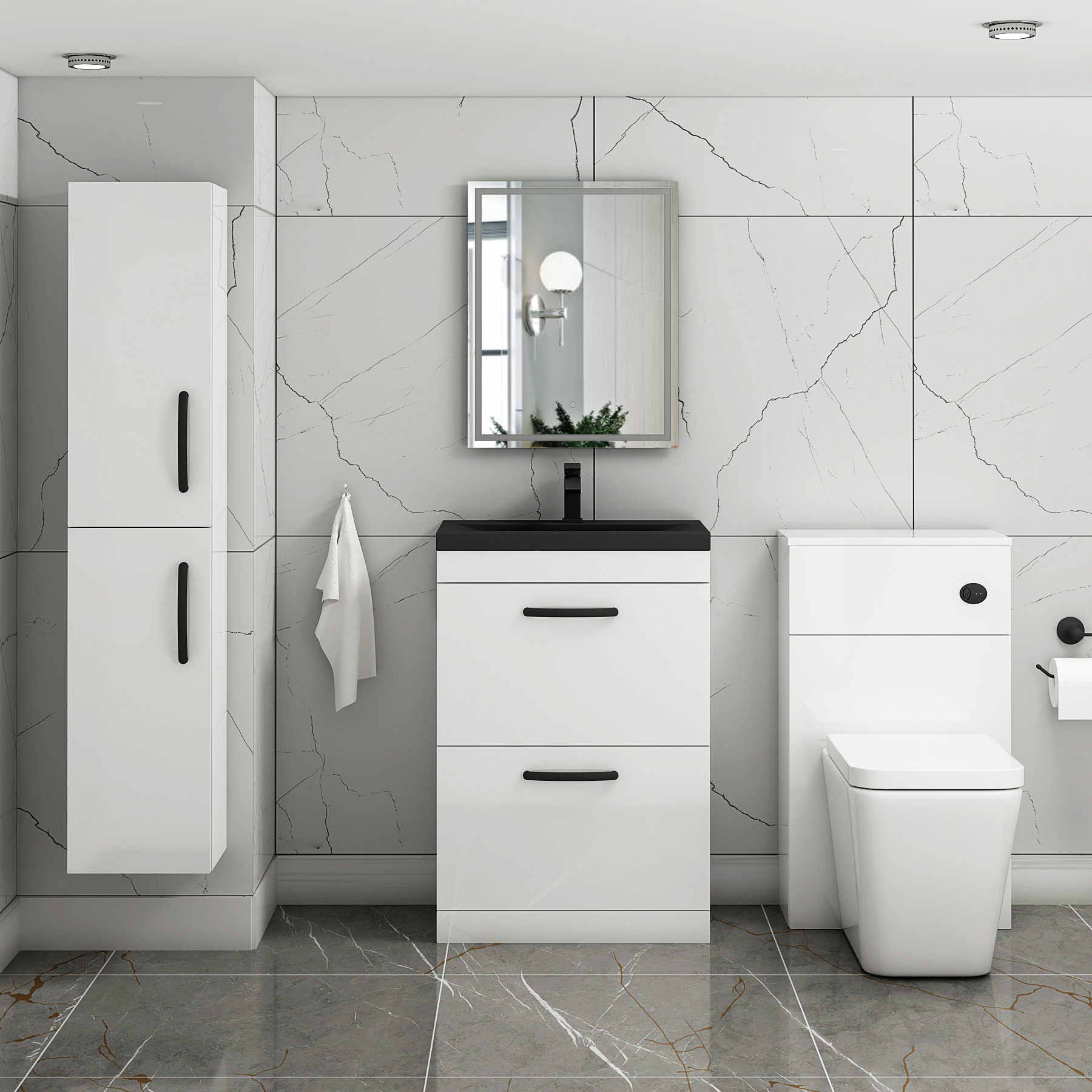 Turin Floor Standing 2 Drawer Vanity Unit with Black Basin - Multiple Sizes & Colours