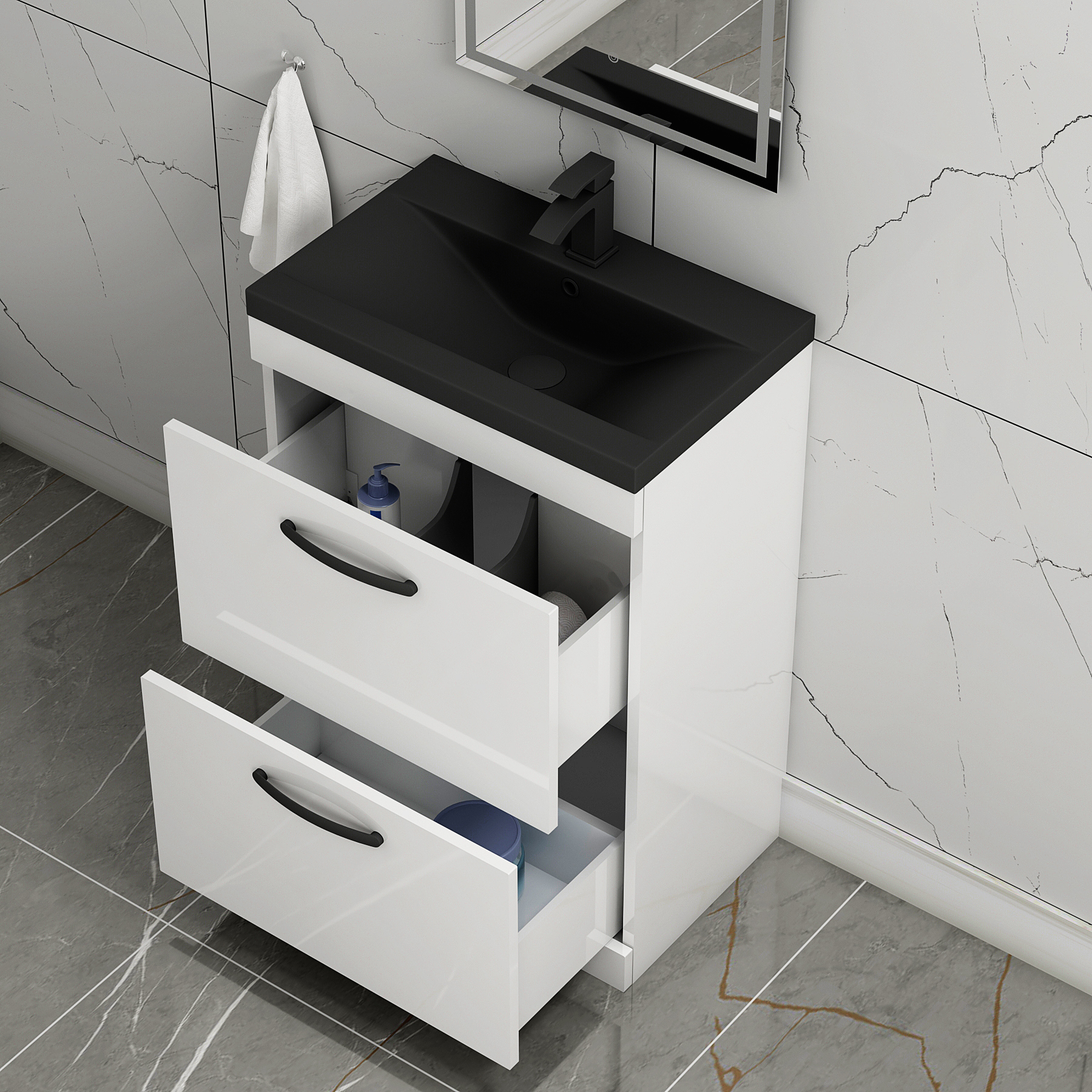 Turin Floor Standing 2 Drawer Vanity Unit with Black Basin - Multiple Sizes & Colours