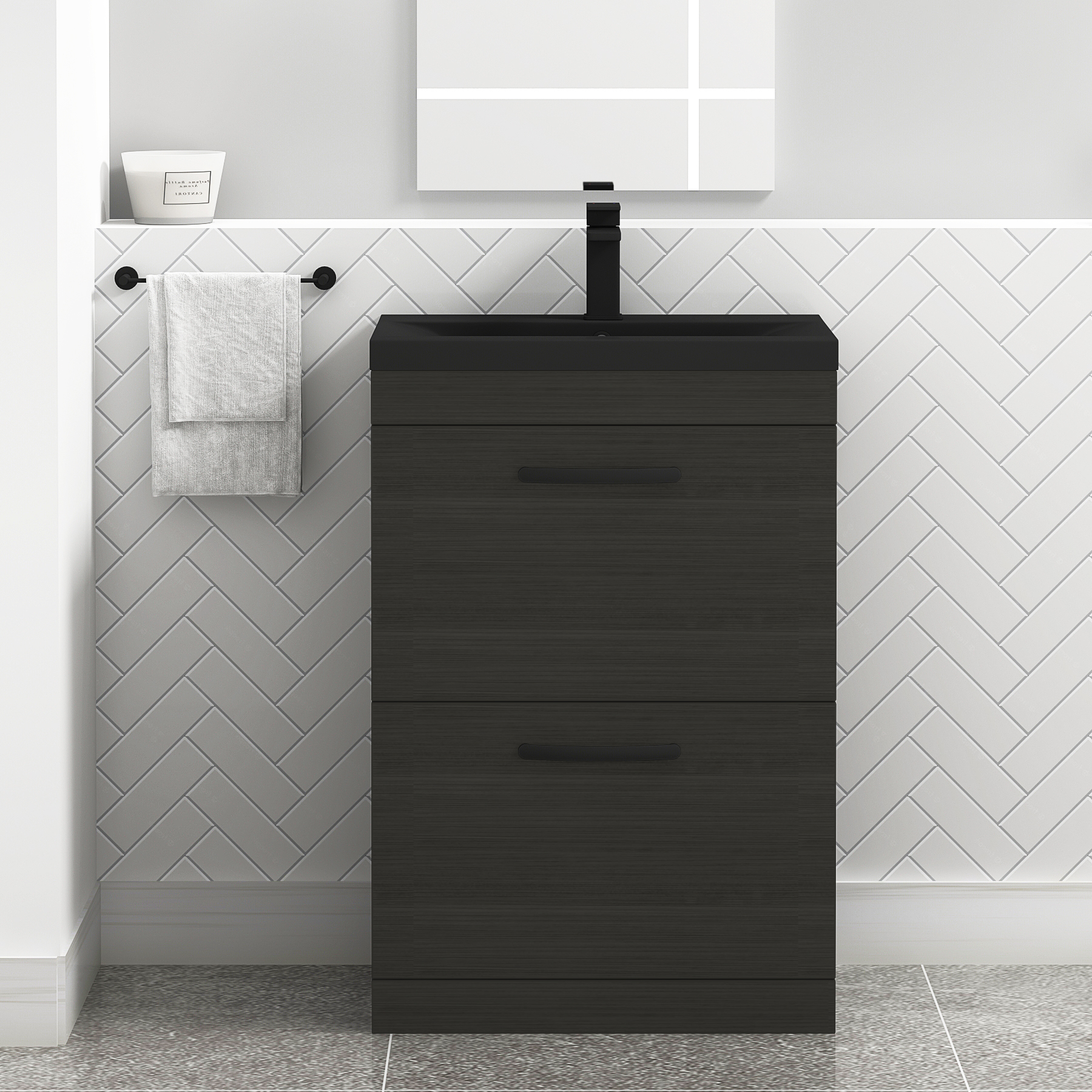  Turin Hale Black 2 Drawer Floor Standing Vanity Unit with Black Mid-Edge Basin - Multiple Sizes