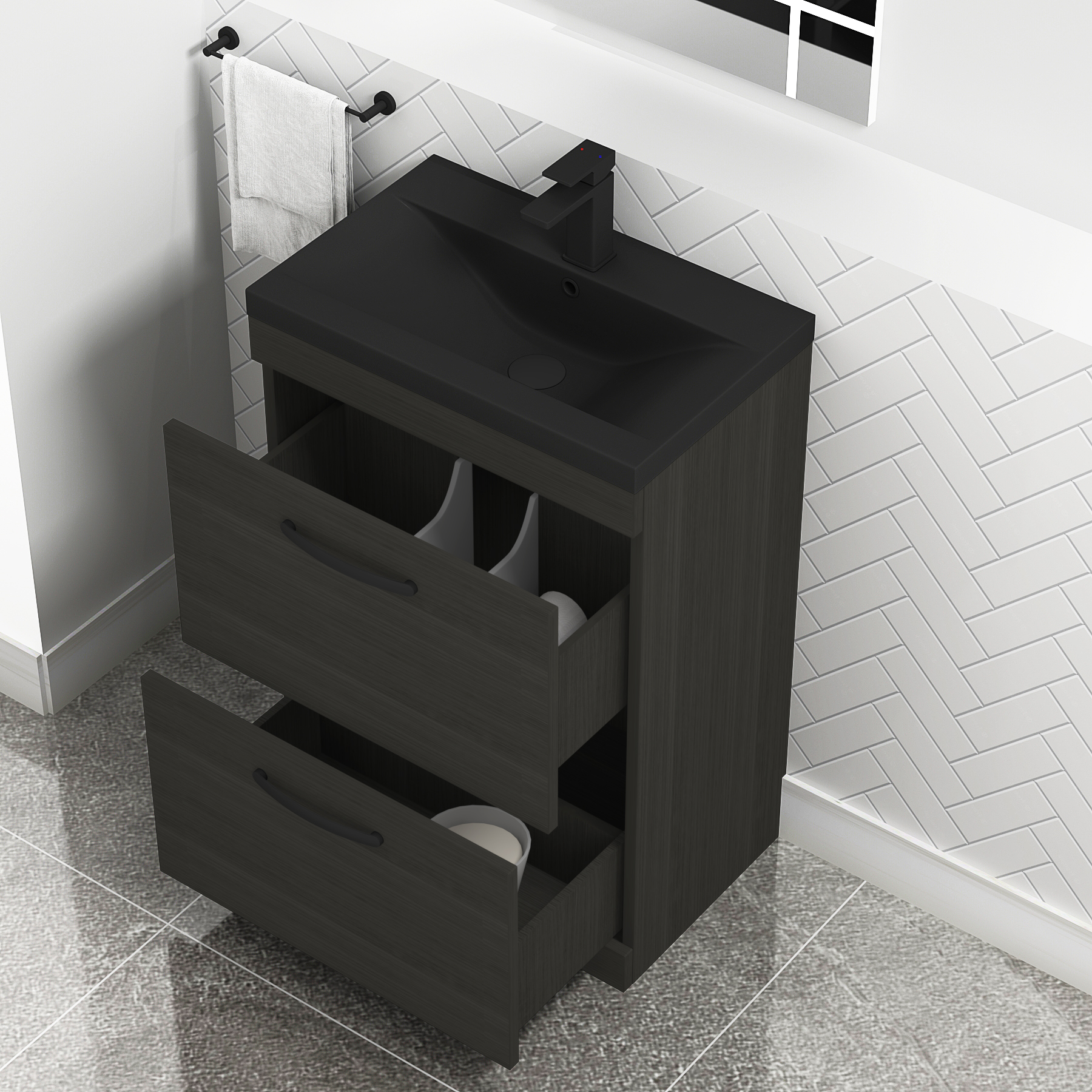 Turin Floor Standing 2 Drawer Vanity Unit with Black Basin - Multiple Sizes & Colours