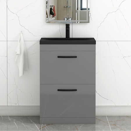  Turin Indigo Grey Gloss 2 Drawer Floor Standing Vanity Unit with Black Mid-Edge Basin - Multiple Sizes