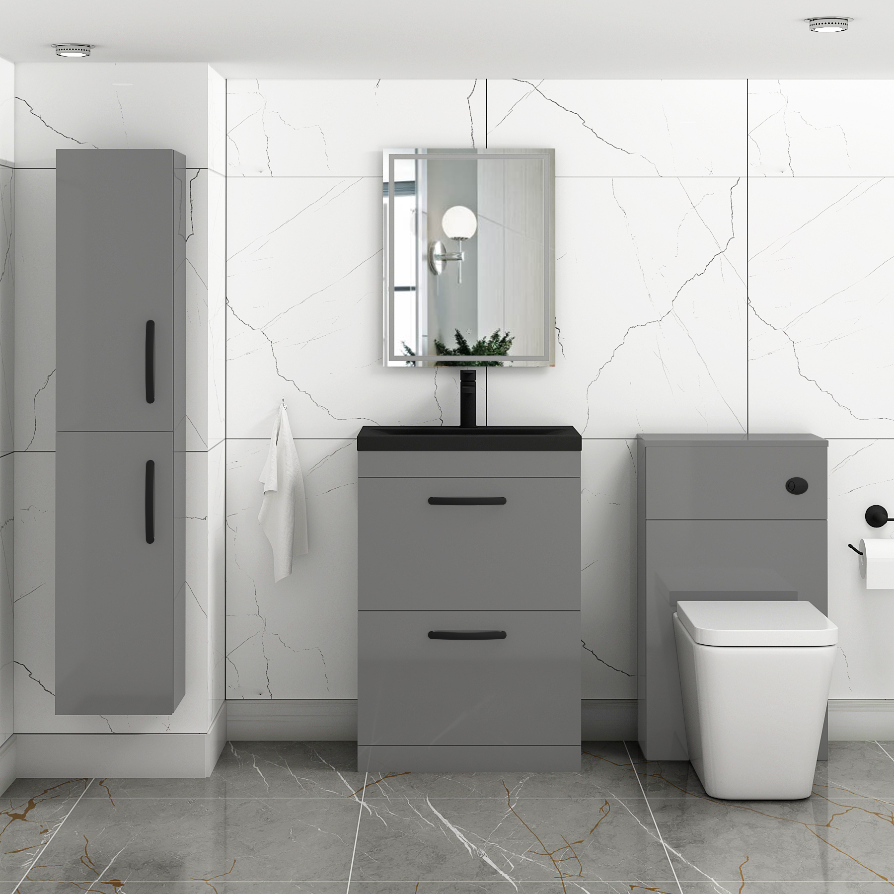 Turin Floor Standing 2 Drawer Vanity Unit with Black Basin - Multiple Sizes & Colours