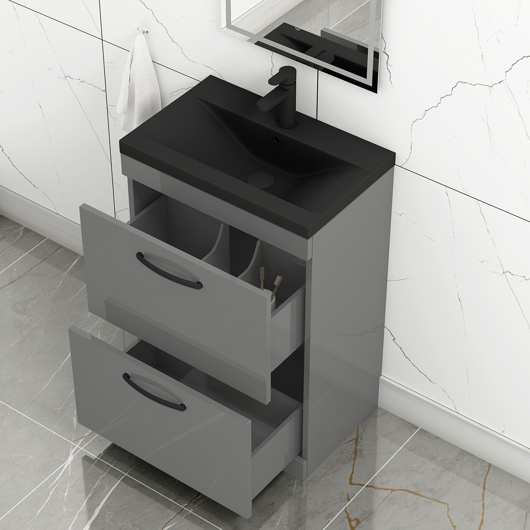 Turin Floor Standing 2 Drawer Vanity Unit with Black Basin - Multiple Sizes & Colours