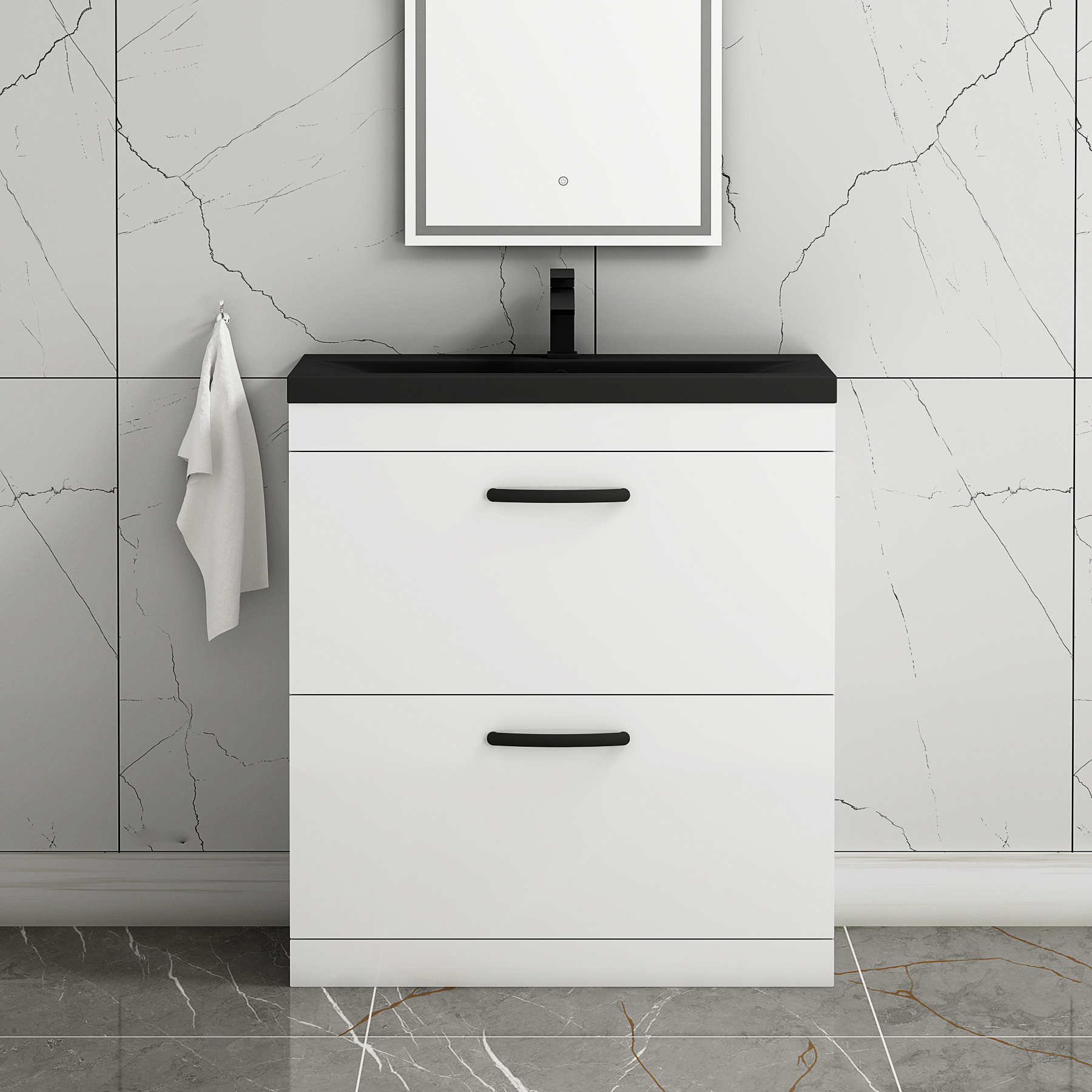 Turin Floor Standing 2 Drawer Vanity Unit with Black Basin - Multiple Sizes & Colours