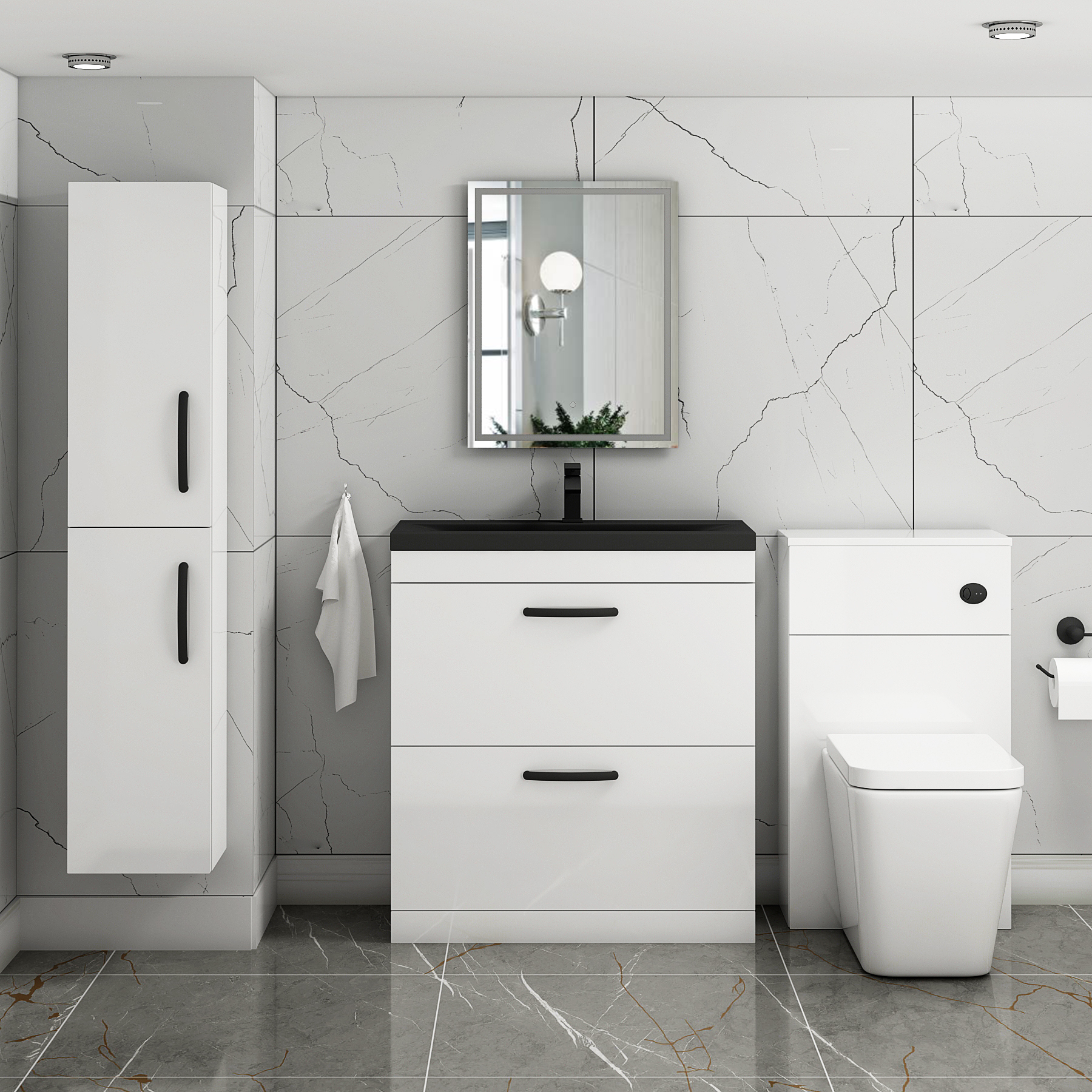 Turin Floor Standing 2 Drawer Vanity Unit with Black Basin - Multiple Sizes & Colours