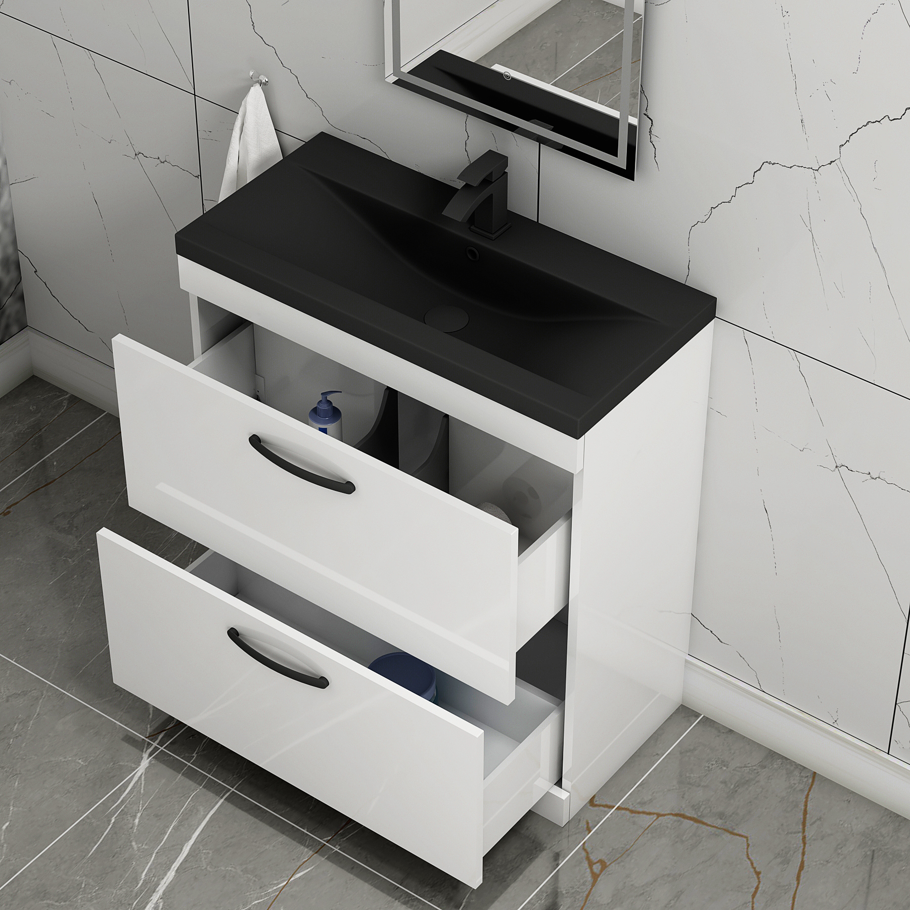 Turin Floor Standing 2 Drawer Vanity Unit with Black Basin - Multiple Sizes & Colours