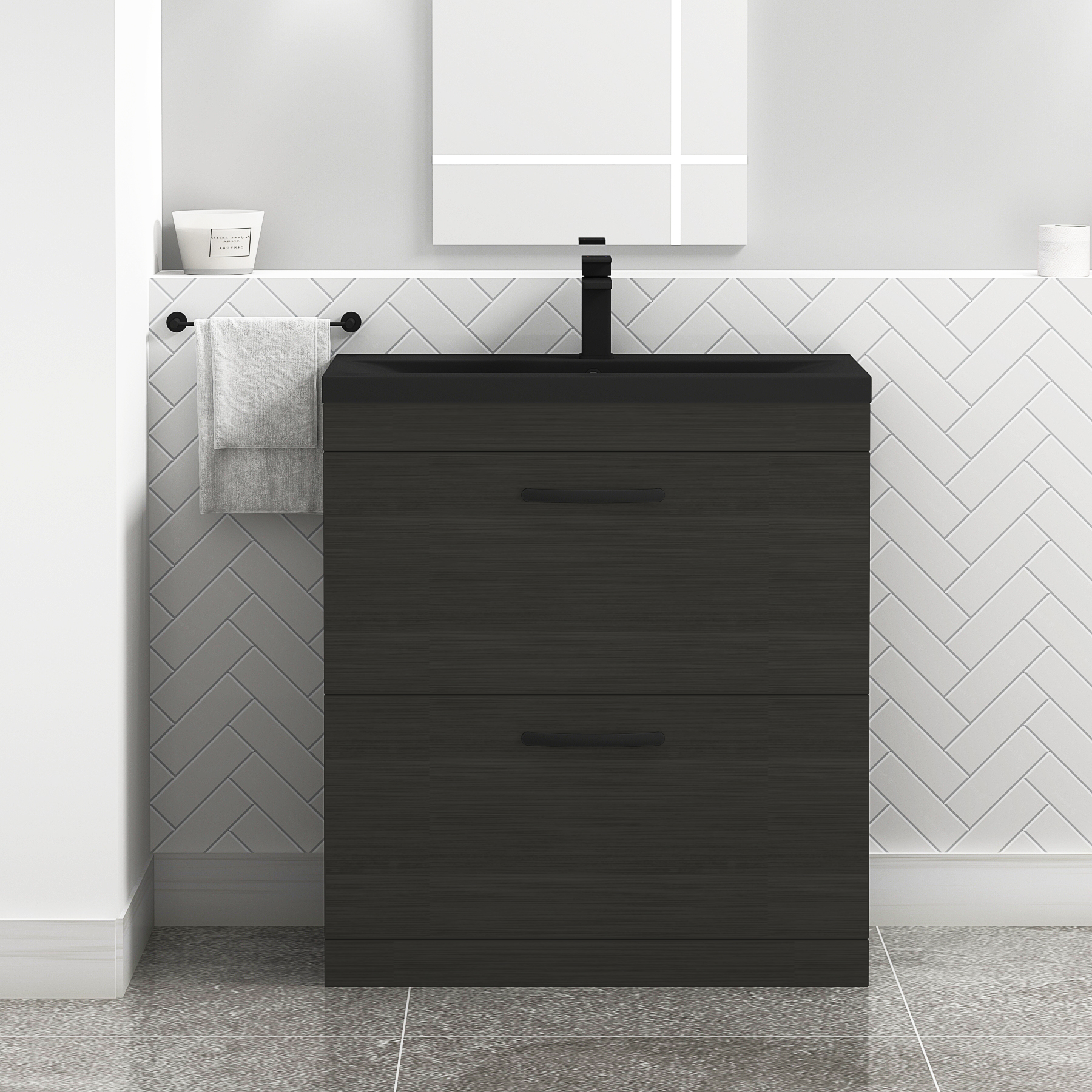  Turin Hale Black 2 Drawer Floor Standing Vanity Unit with Black Mid-Edge Basin - Multiple Sizes