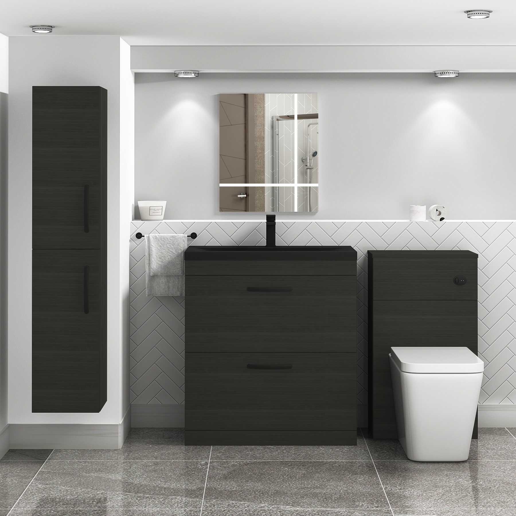  Turin Hale Black 2 Drawer Floor Standing Vanity Unit with Black Mid-Edge Basin - Multiple Sizes