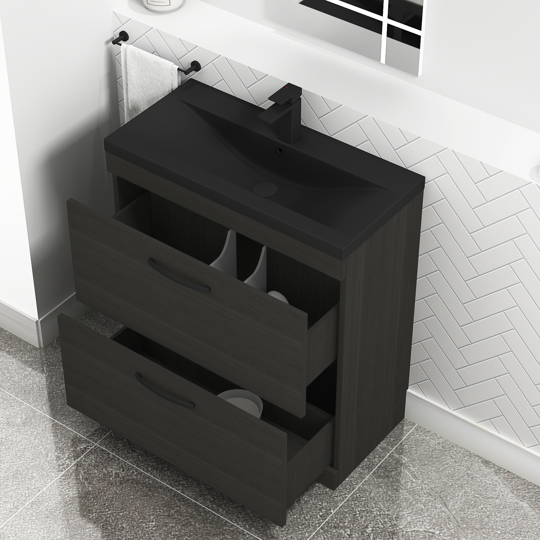 Turin Floor Standing 2 Drawer Vanity Unit with Black Basin - Multiple Sizes & Colours