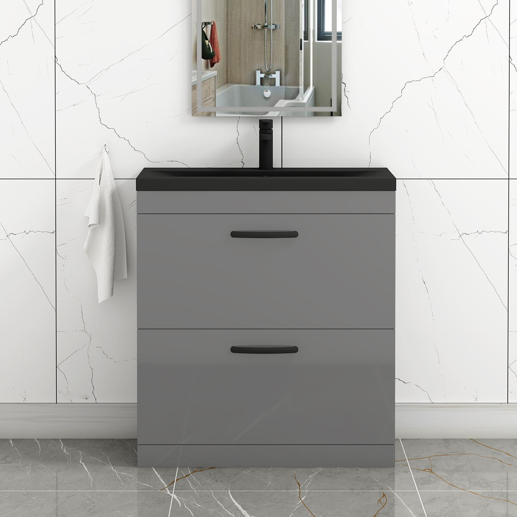Turin Floor Standing 2 Drawer Vanity Unit with Black Basin - Multiple Sizes & Colours