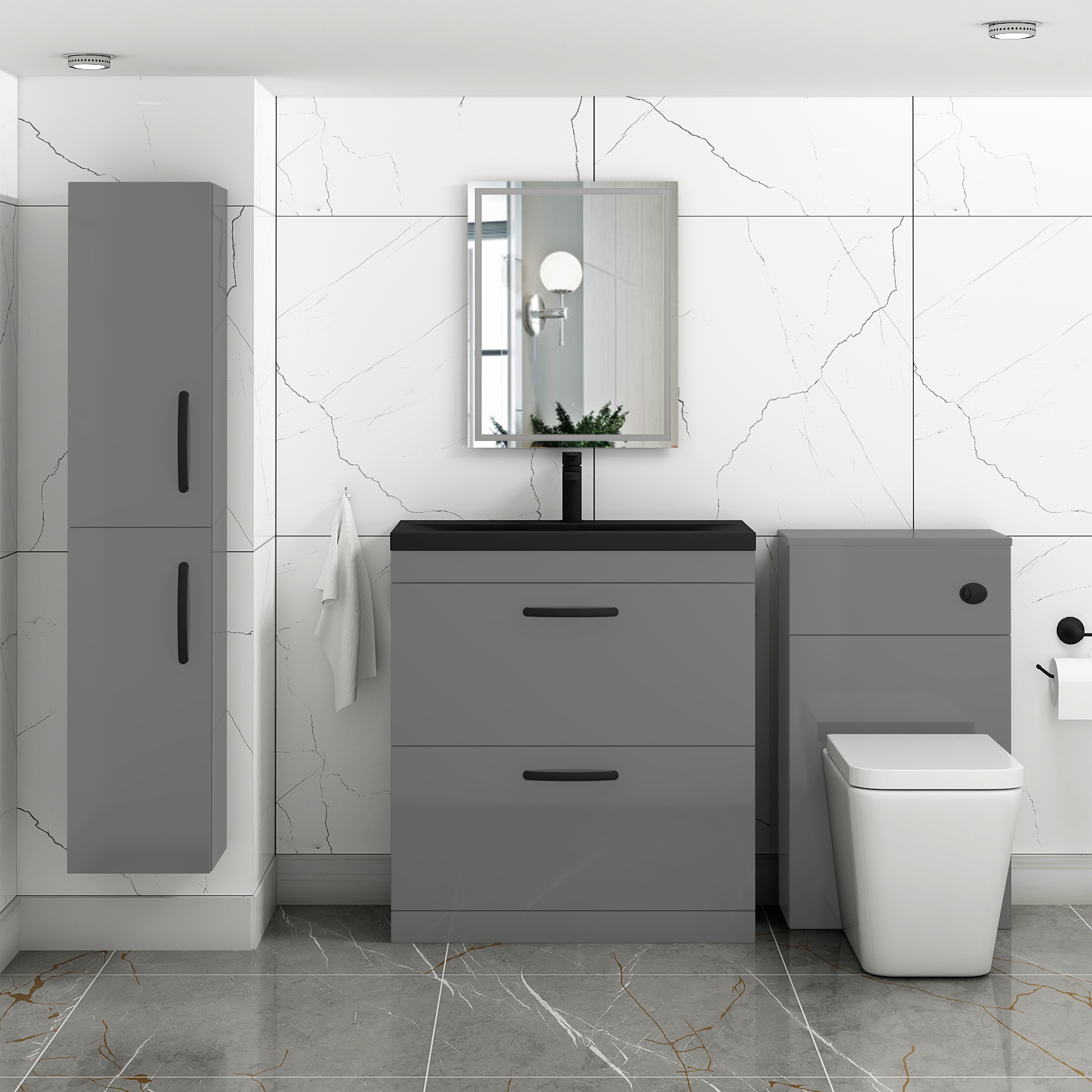 Turin Floor Standing 2 Drawer Vanity Unit with Black Basin - Multiple Sizes & Colours