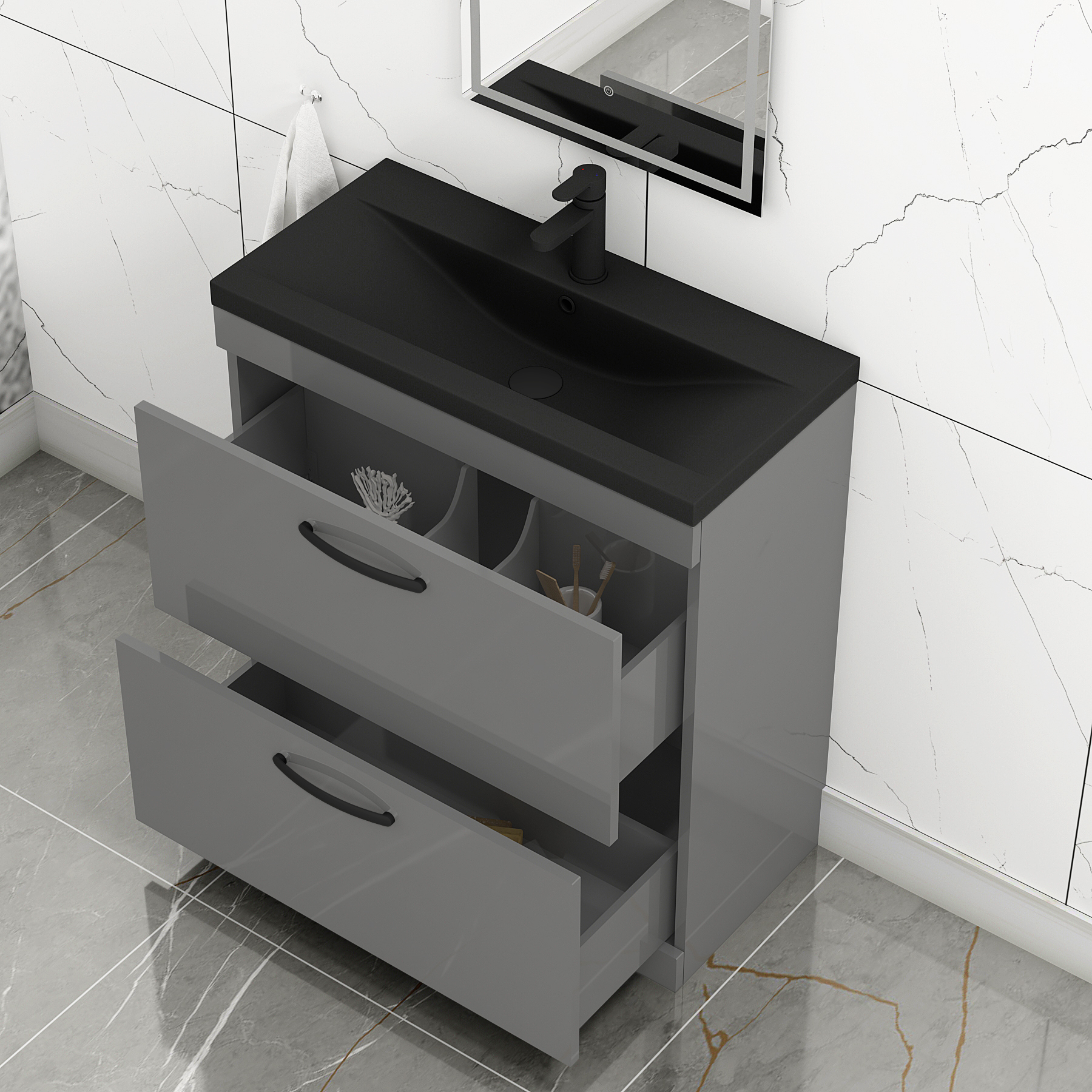 Turin Floor Standing 2 Drawer Vanity Unit with Black Basin - Multiple Sizes & Colours