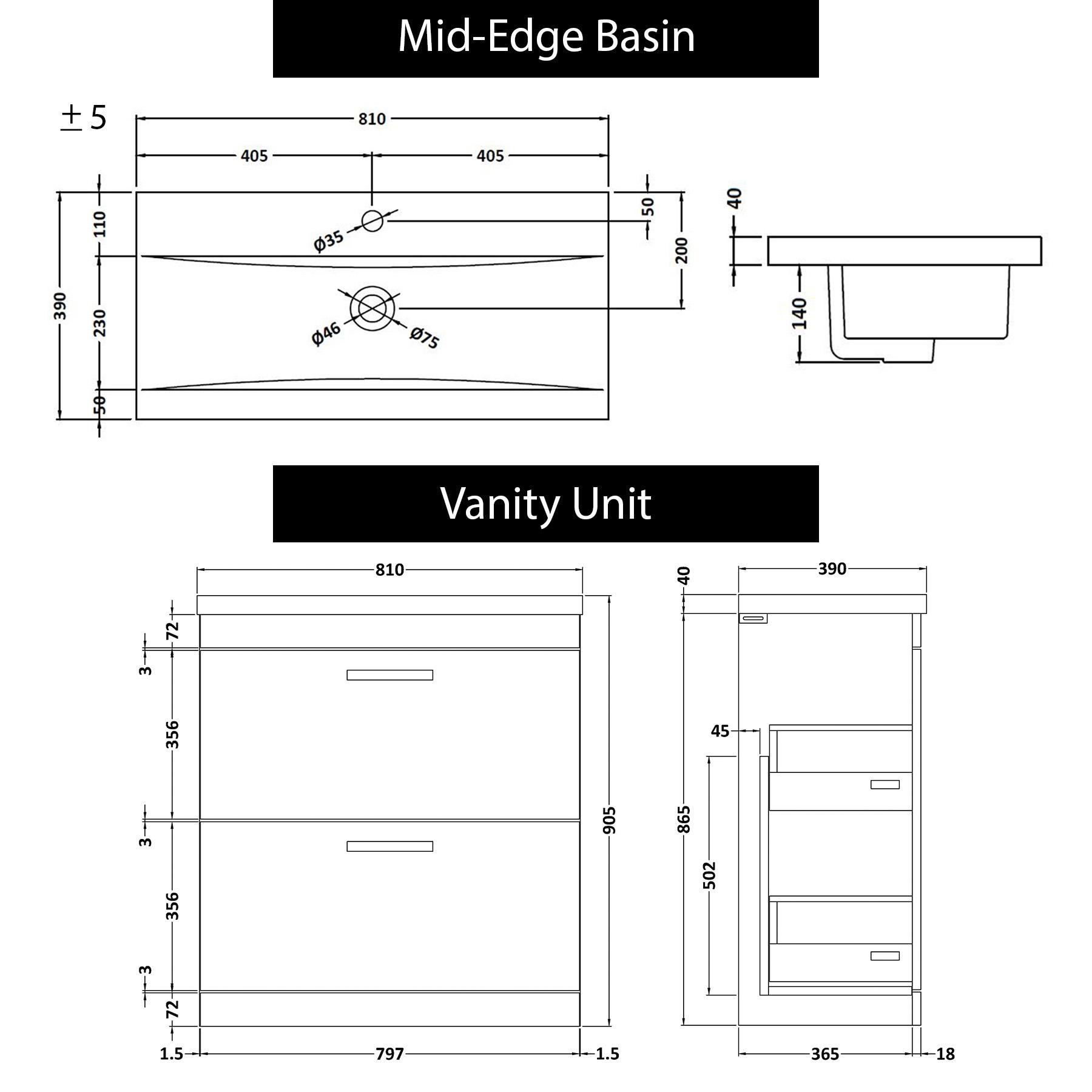 1300mm Hale Black 2 Drawer Furniture Pack with Mid Edge Basin & Slim Elva Back to Wall Toilet
