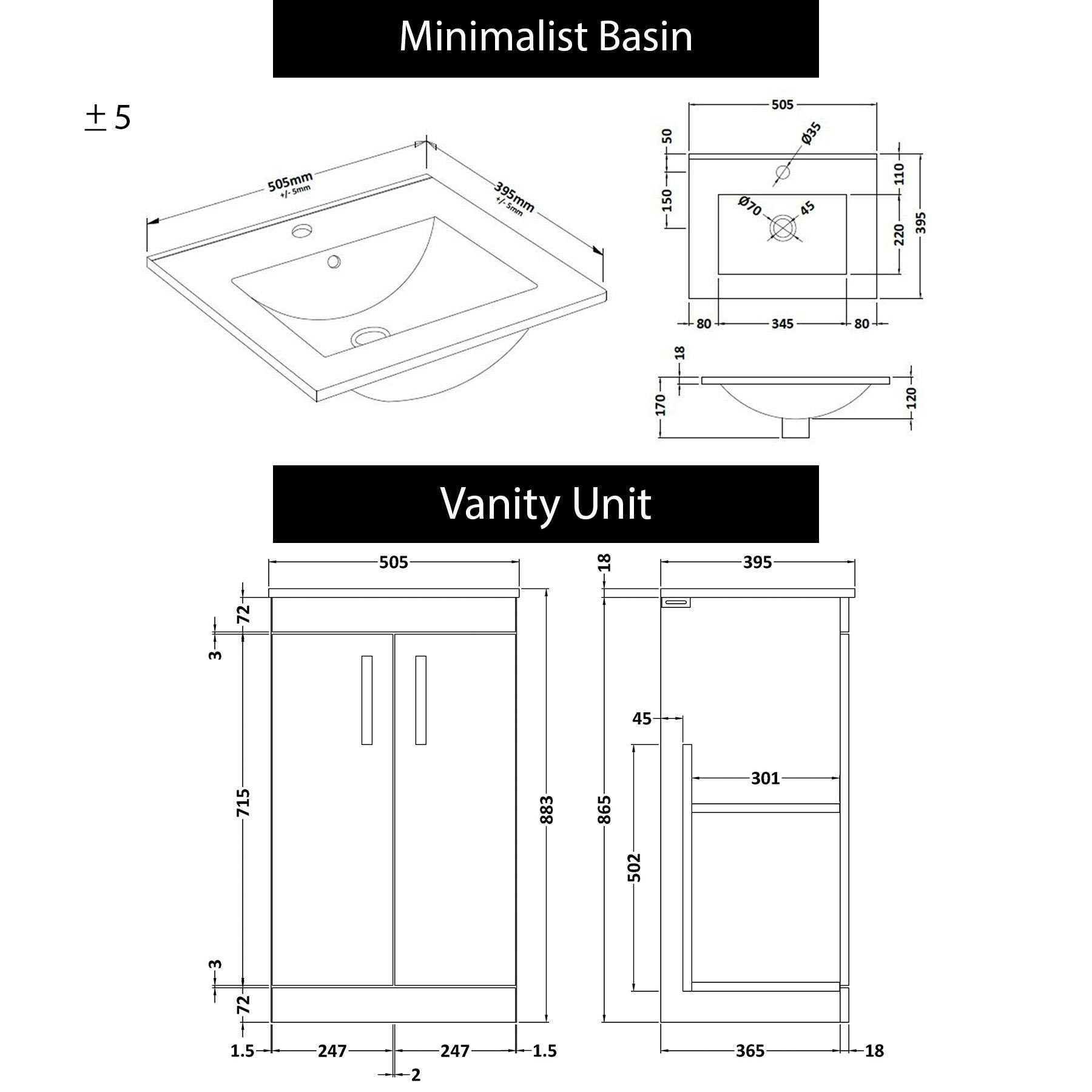Cesar 500mm Floor Standing Vanity Sink Unit Hale Black 2 Door - Minimalist with Brushed Brass Handle
