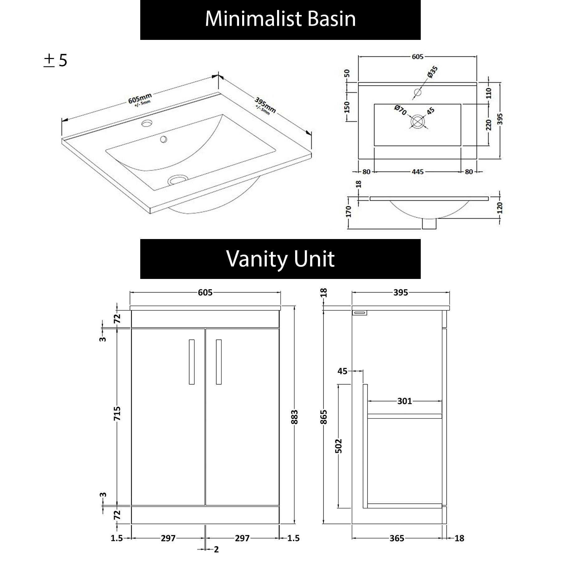 Turin 600mm Floor Standing Vanity Sink Unit Indigo Grey Gloss 2 Door - Minimalist with Brushed Brass Handle