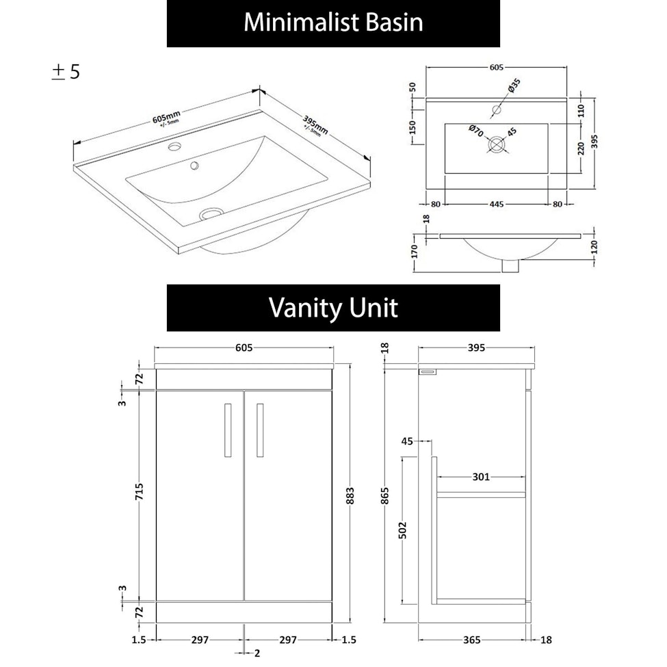 Cesar 600mm Floor Standing Vanity Sink Unit Hale Black 2 Door - Minimalist with Brushed Brass Handle