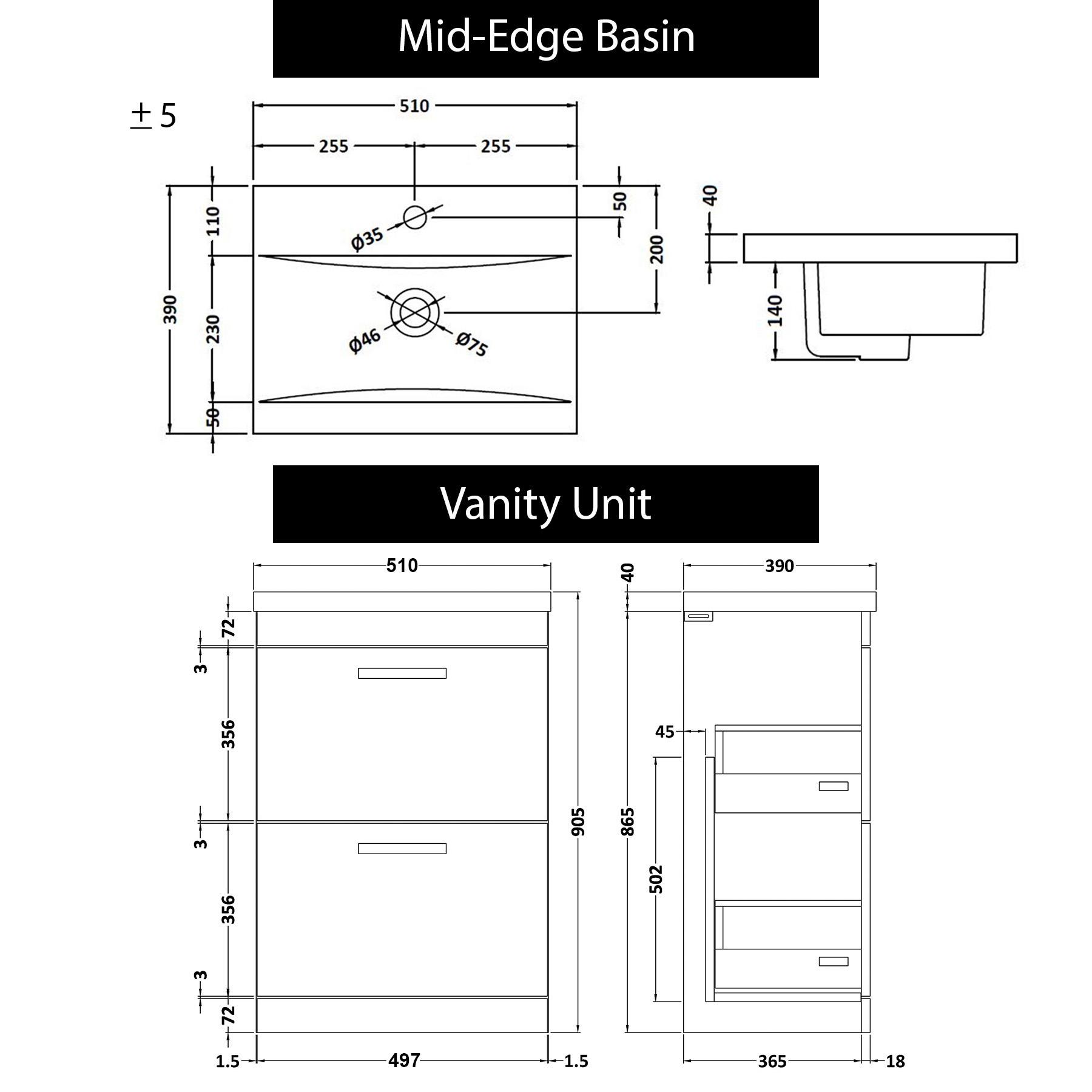 Turin 500mm Floor Standing Vanity Unit Gloss White 2 Drawer Mid-Edge Basin Unit with Brushed Brass Handle