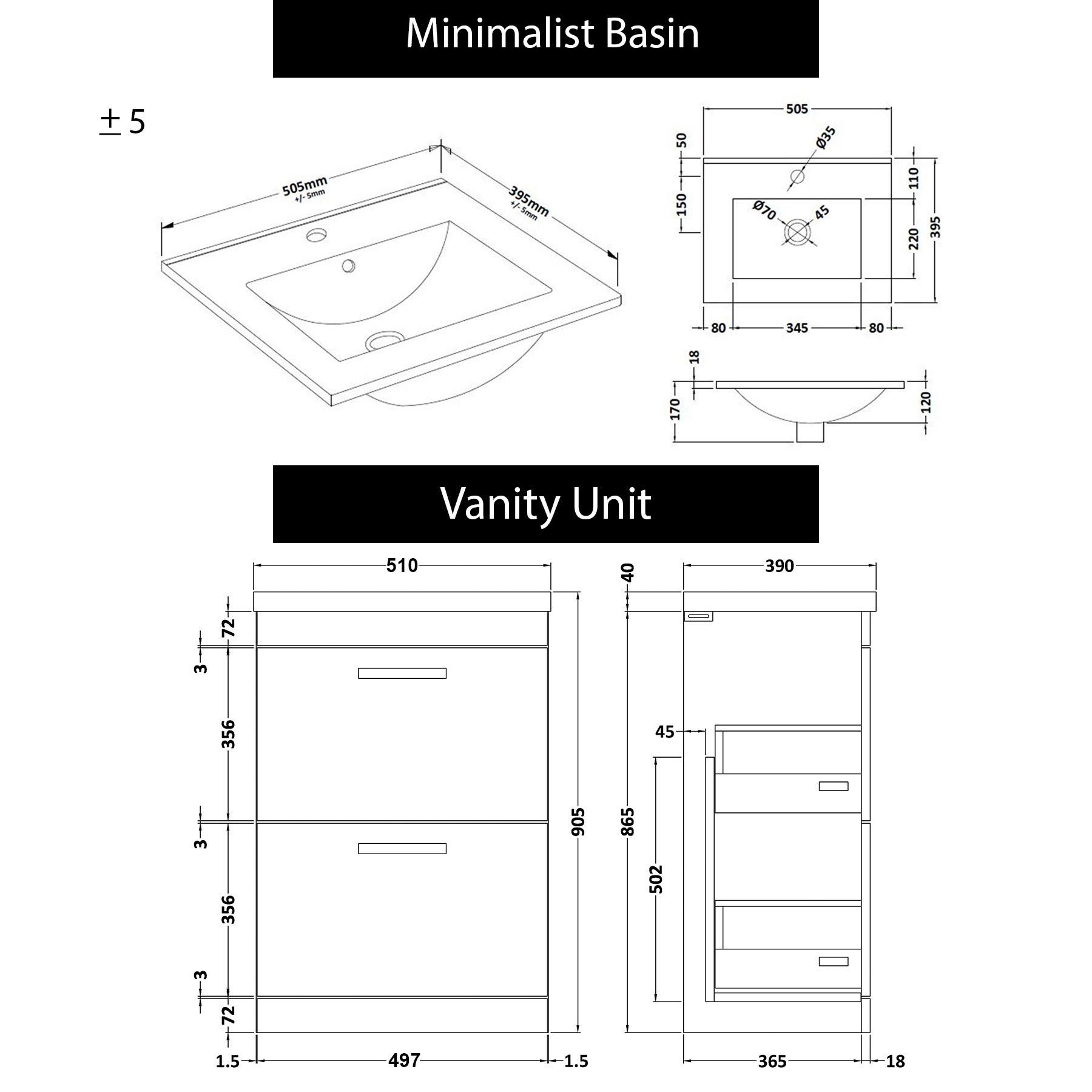 Turin 500mm Floor Standing Vanity Unit Hale Black 2 Drawer Minimalist Basin Unit with Brushed Brass Handle