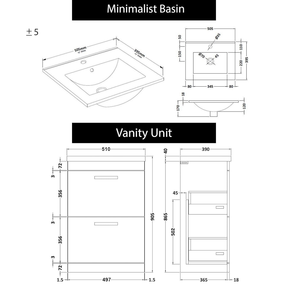 Cesar 500mm Floor Standing Vanity Unit Hale Black 2 Drawer Minimalist Basin Unit with Brushed Brass Handle